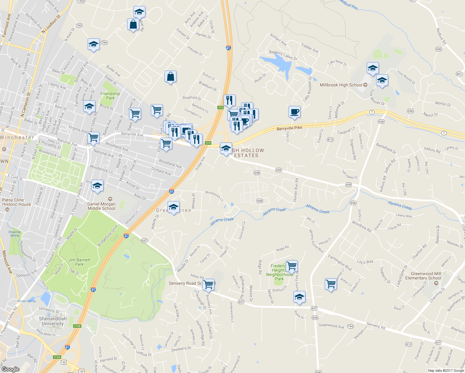 map of restaurants, bars, coffee shops, grocery stores, and more near 118 Whirlwind Drive in Winchester