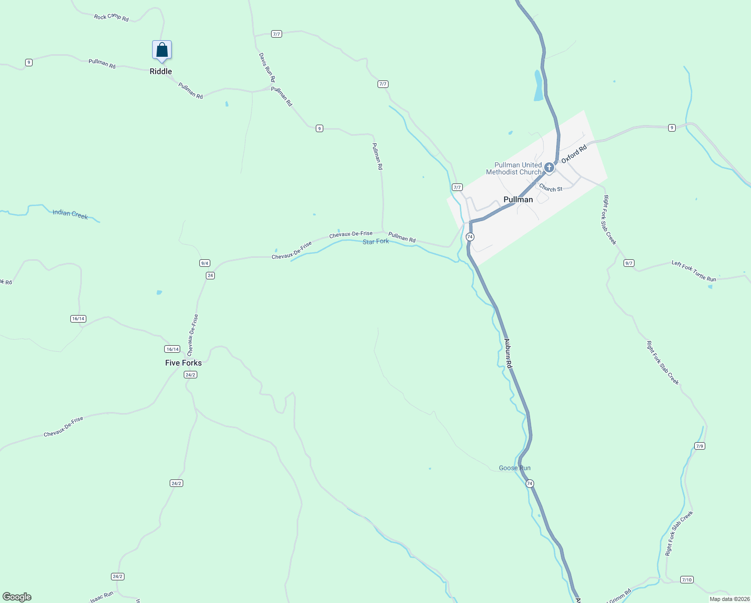 map of restaurants, bars, coffee shops, grocery stores, and more near 1071 Goose Run Road in Pullman