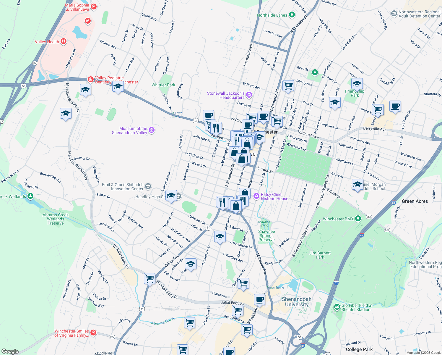 map of restaurants, bars, coffee shops, grocery stores, and more near 126 West Leicester Street in Winchester