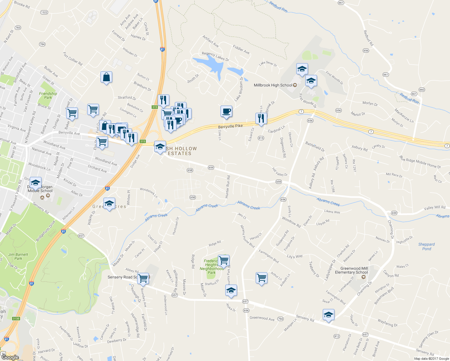 map of restaurants, bars, coffee shops, grocery stores, and more near 200 Hunter Run Road in Winchester