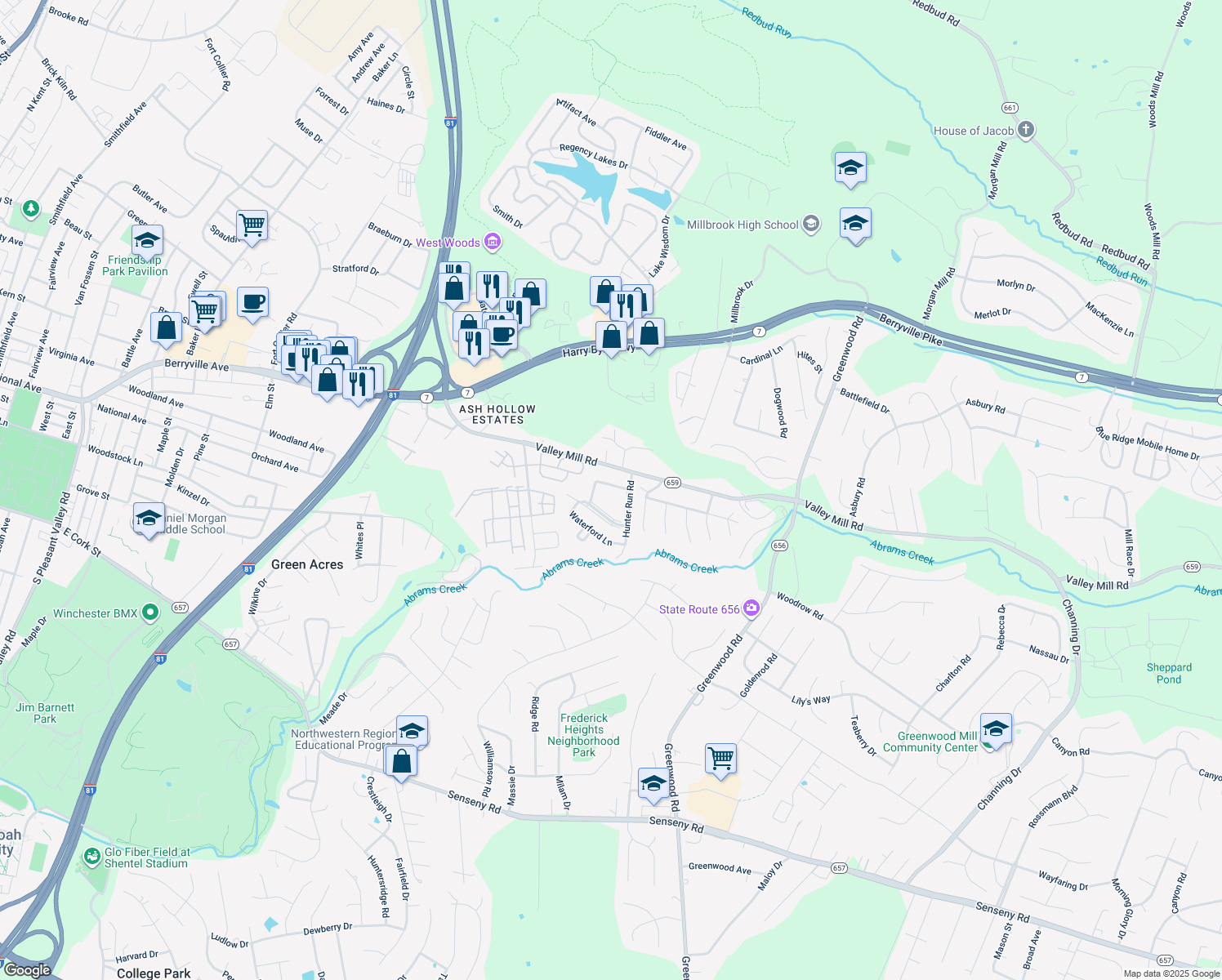map of restaurants, bars, coffee shops, grocery stores, and more near 111 Parkside Drive in Winchester