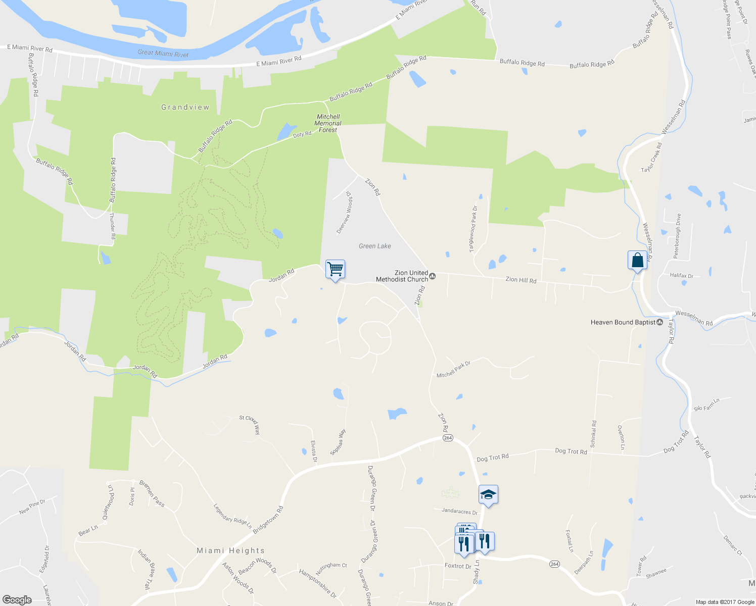 map of restaurants, bars, coffee shops, grocery stores, and more near 8153 Jordan Valley Court in Cleves