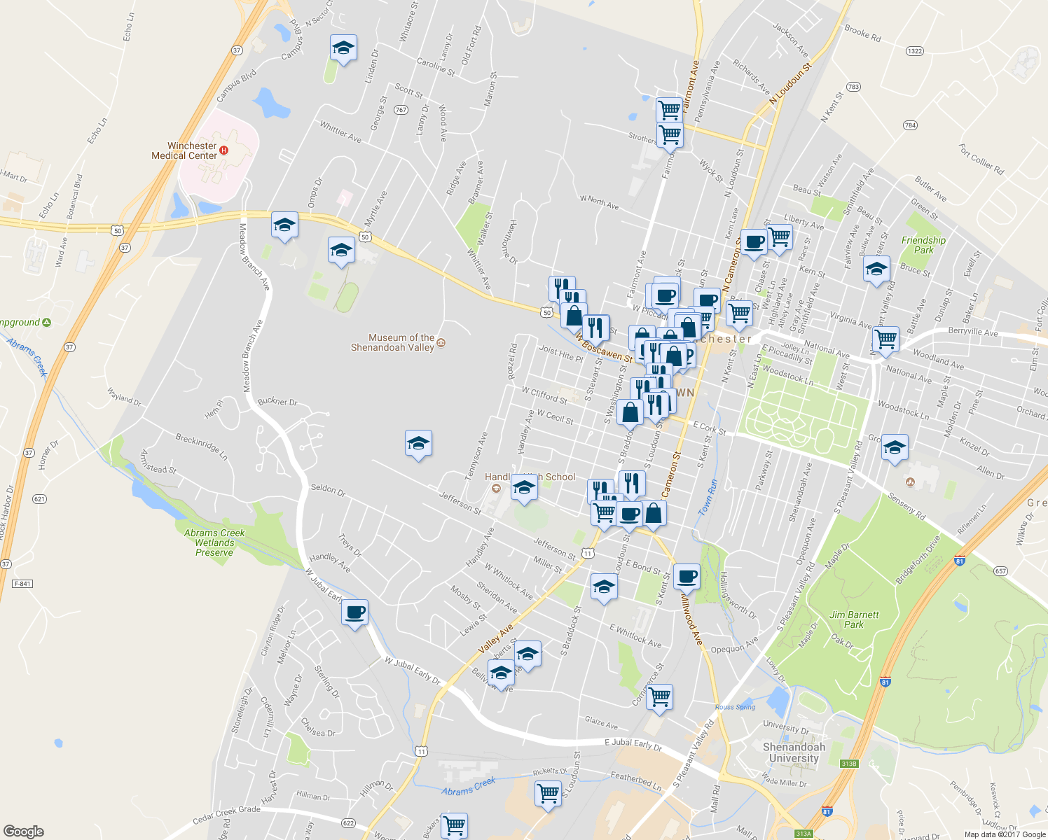 map of restaurants, bars, coffee shops, grocery stores, and more near 439 Handley Avenue in Winchester
