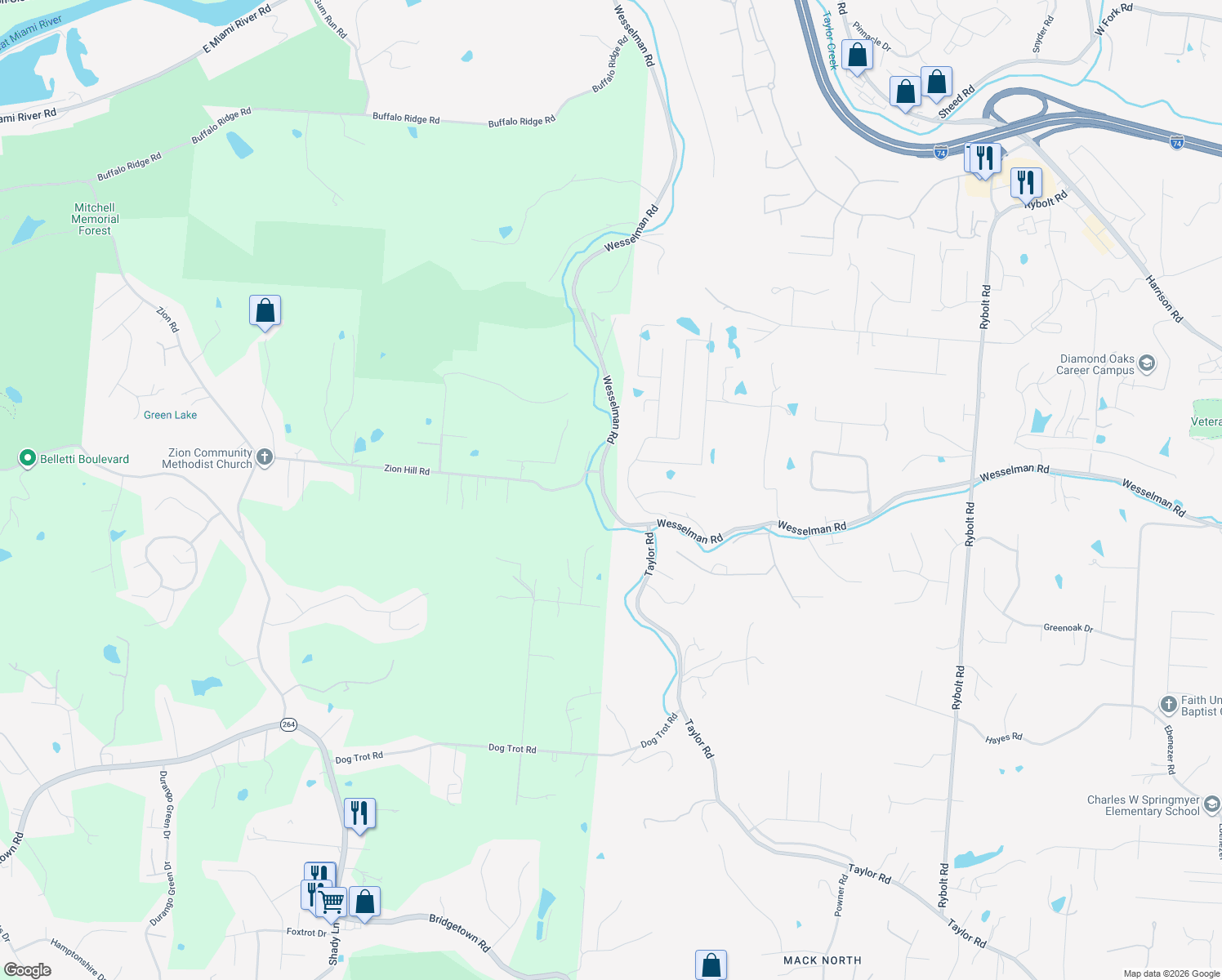 map of restaurants, bars, coffee shops, grocery stores, and more near 7063 Wesselman Road in Cleves