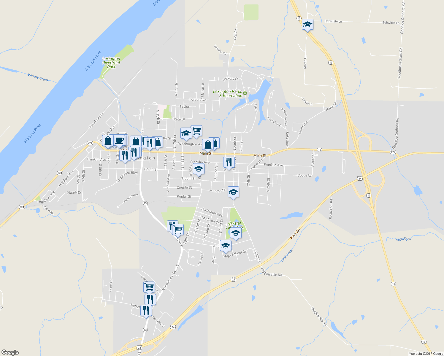 map of restaurants, bars, coffee shops, grocery stores, and more near 317 South 23rd Street in Lexington
