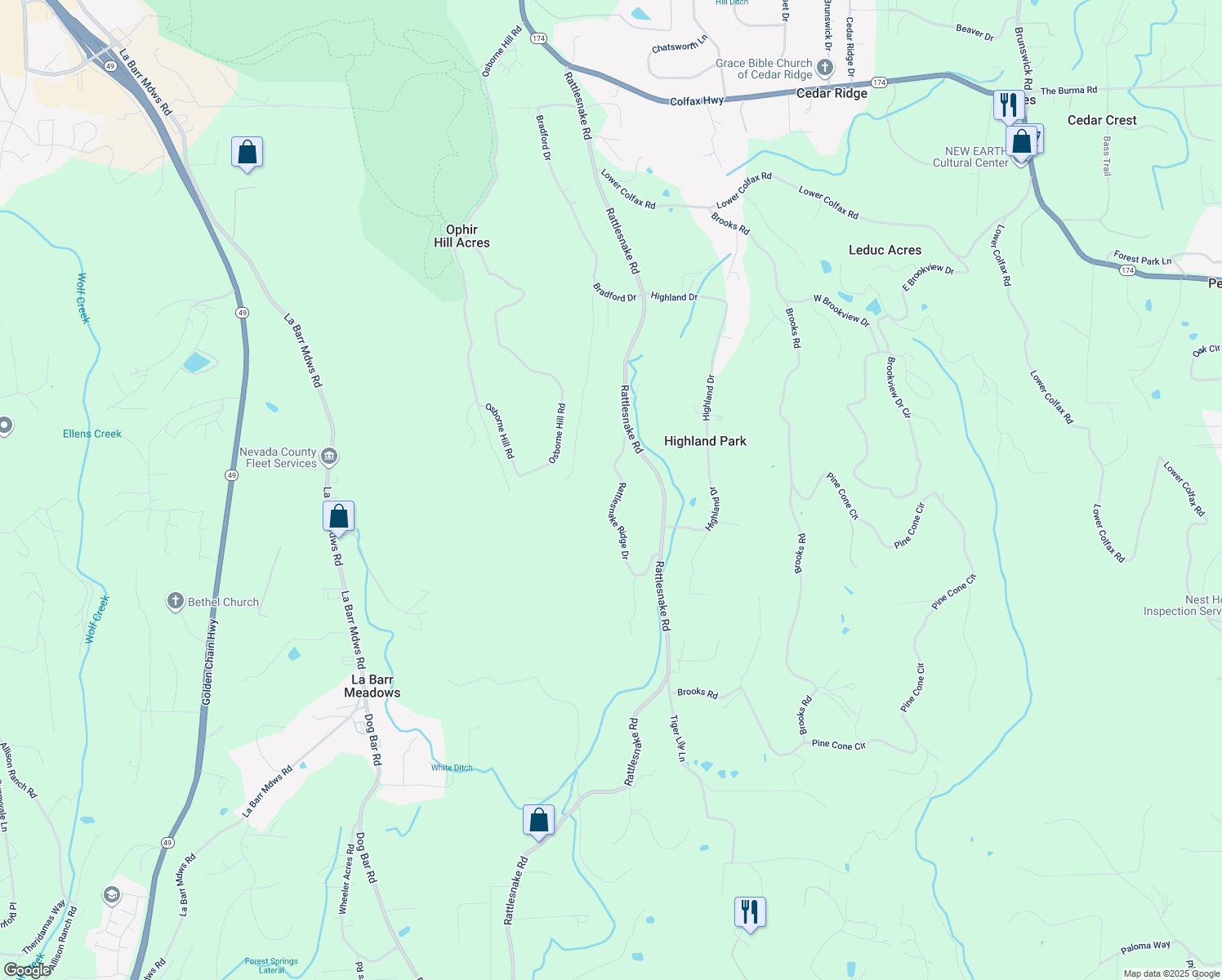 map of restaurants, bars, coffee shops, grocery stores, and more near 14024 Rattlesnake Ridge Drive in Grass Valley
