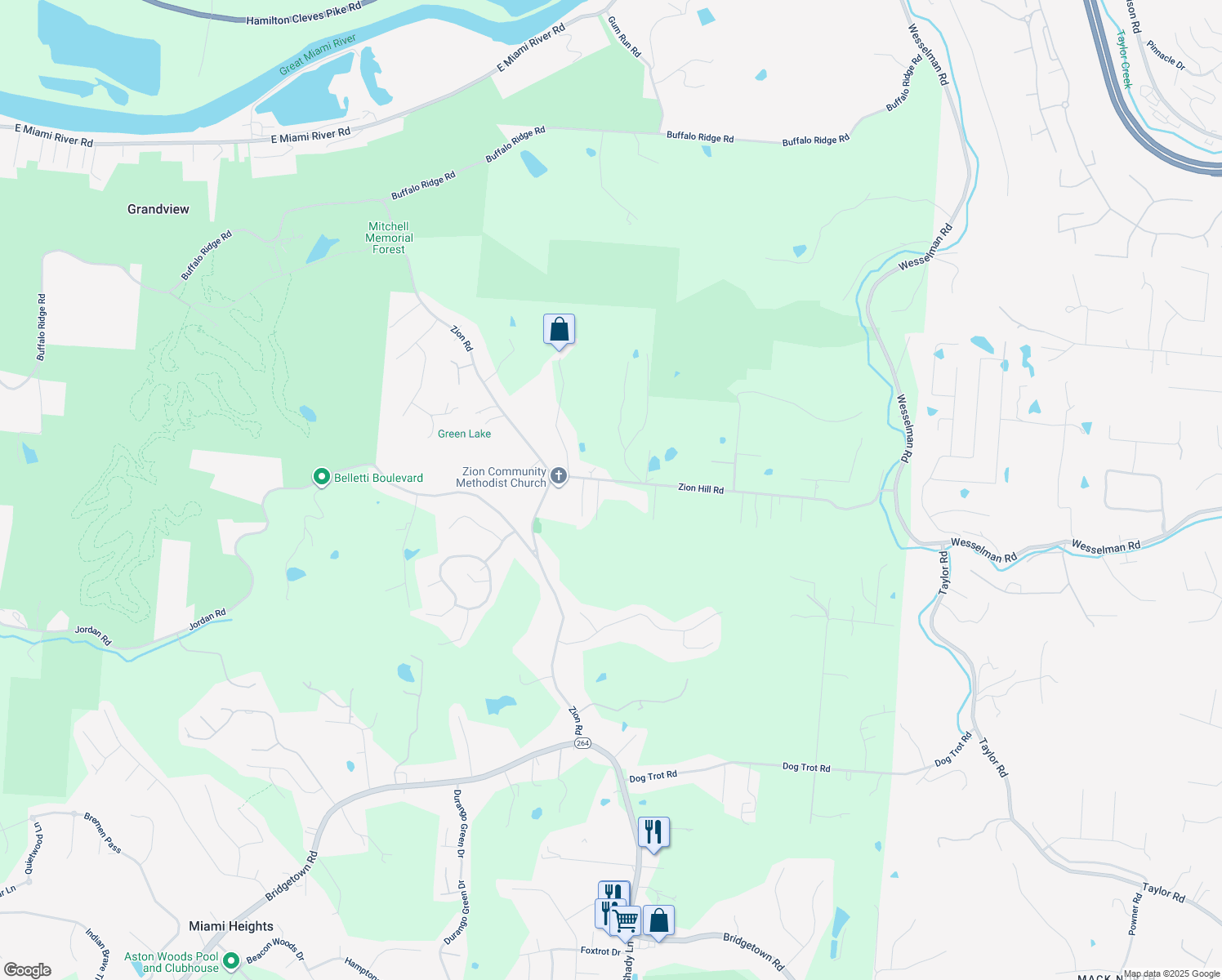 map of restaurants, bars, coffee shops, grocery stores, and more near 7803 Zion Hill Road in Cleves