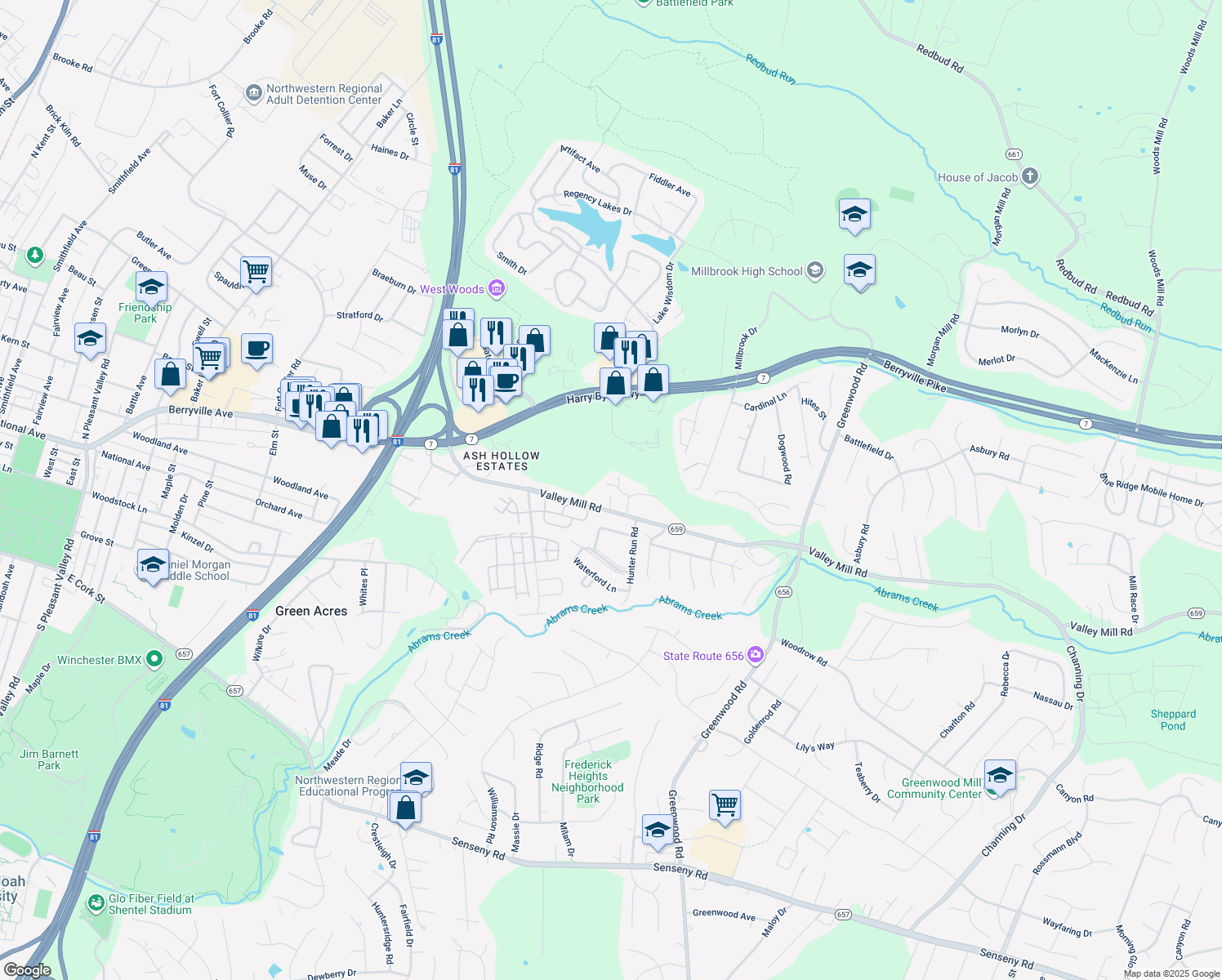 map of restaurants, bars, coffee shops, grocery stores, and more near 303 Ash Hollow Drive in Winchester