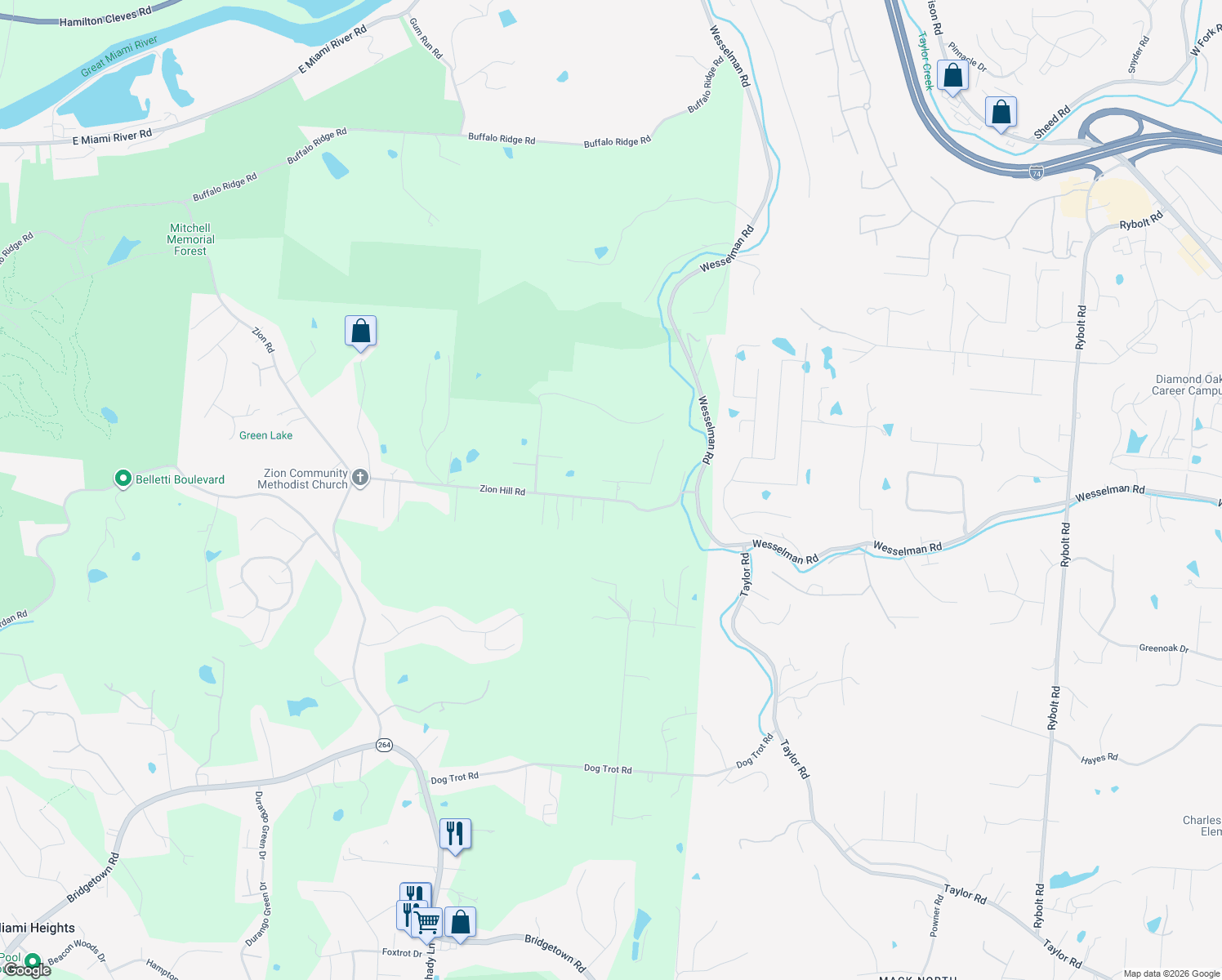 map of restaurants, bars, coffee shops, grocery stores, and more near 7486 Zion Hill Road in Cleves