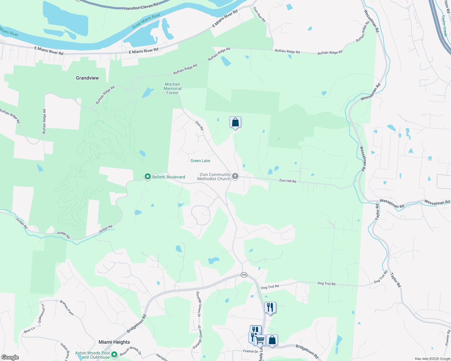 map of restaurants, bars, coffee shops, grocery stores, and more near 4929 Zion Road in Cleves