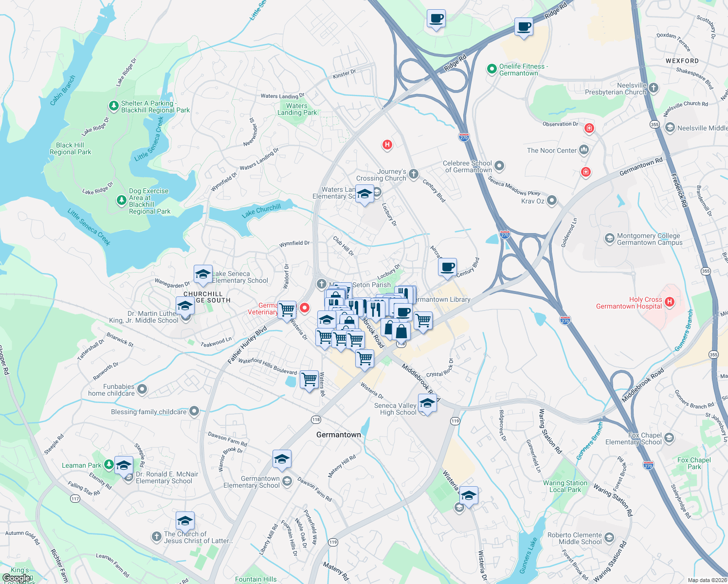 map of restaurants, bars, coffee shops, grocery stores, and more near 13044 Town Commons Drive in Germantown