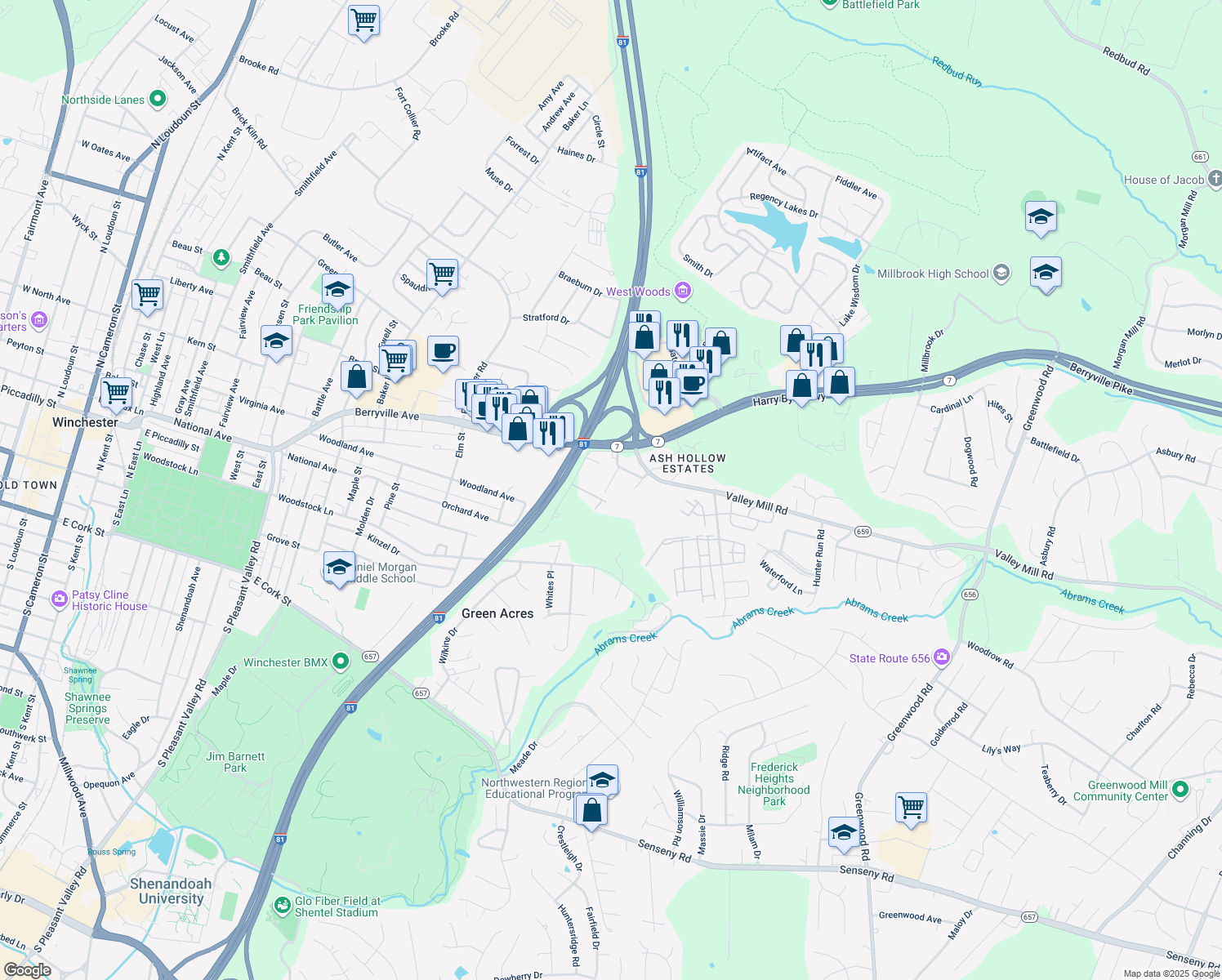 map of restaurants, bars, coffee shops, grocery stores, and more near 113 Anderson Avenue in Winchester