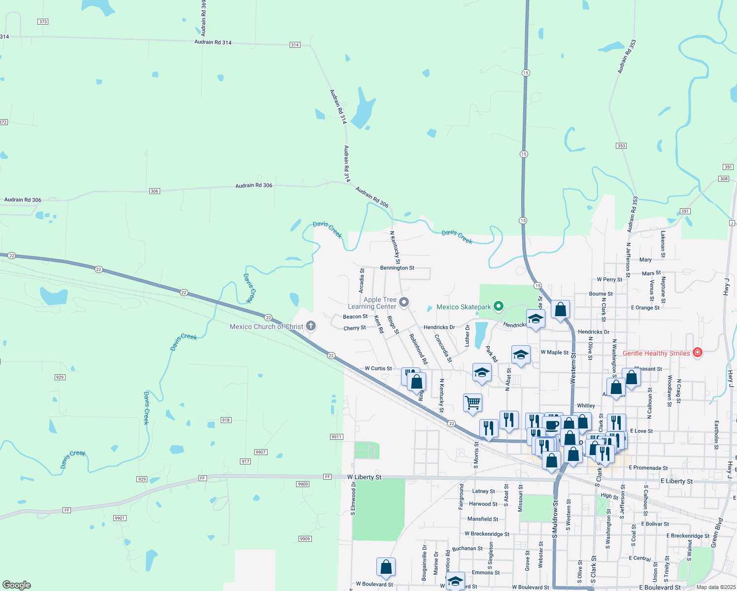 map of restaurants, bars, coffee shops, grocery stores, and more near 1415 Kent Rd in Mexico