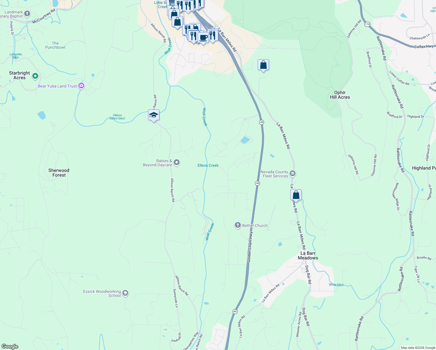 map of restaurants, bars, coffee shops, grocery stores, and more near 10350 Smith Road in Grass Valley