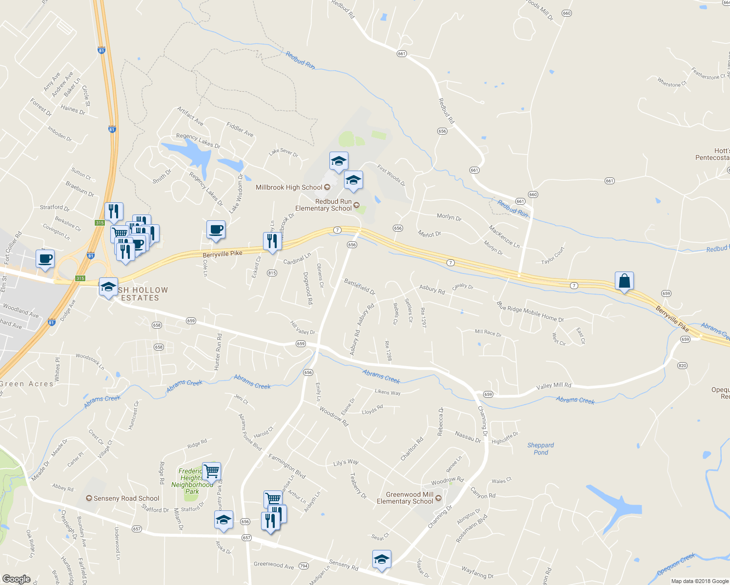 map of restaurants, bars, coffee shops, grocery stores, and more near 114 Battlefield Drive in Winchester
