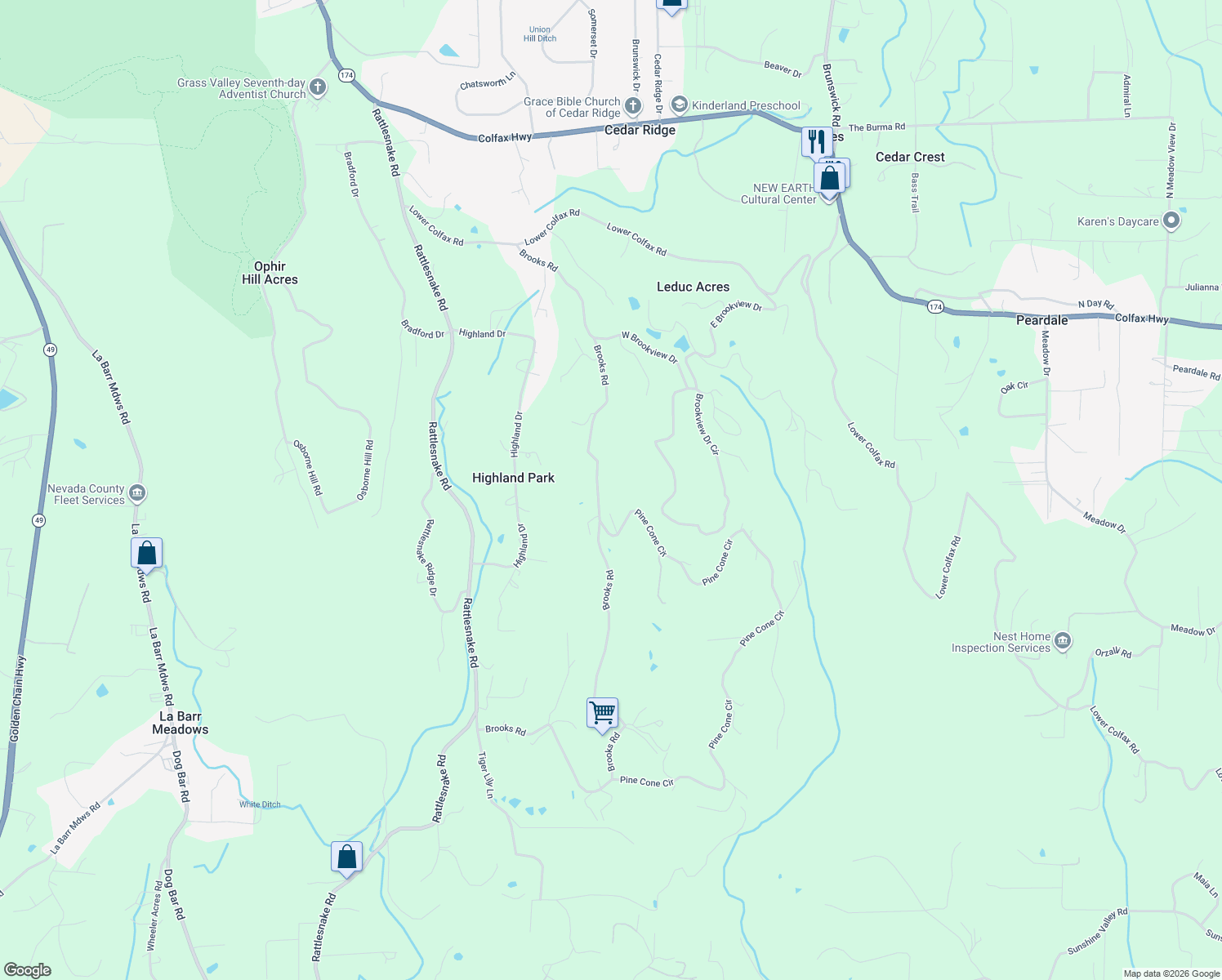 map of restaurants, bars, coffee shops, grocery stores, and more near 14437 Brooks Road in Grass Valley
