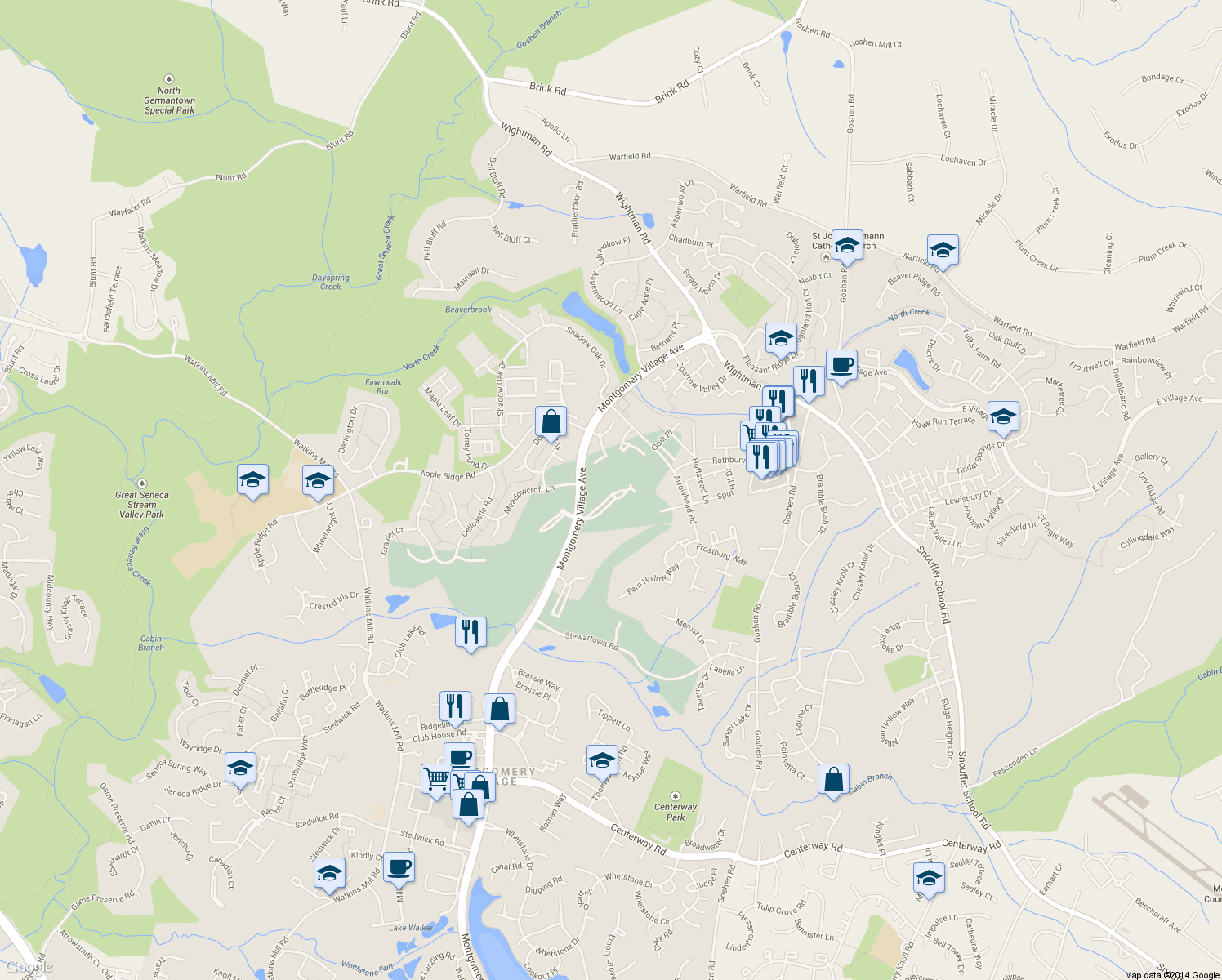 map of restaurants, bars, coffee shops, grocery stores, and more near 9541 Duffer Way in Gaithersburg