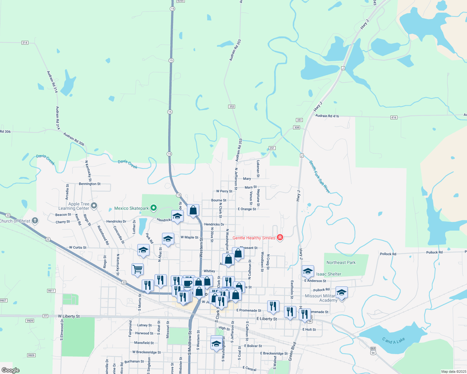map of restaurants, bars, coffee shops, grocery stores, and more near 1513 N Jefferson St in Mexico