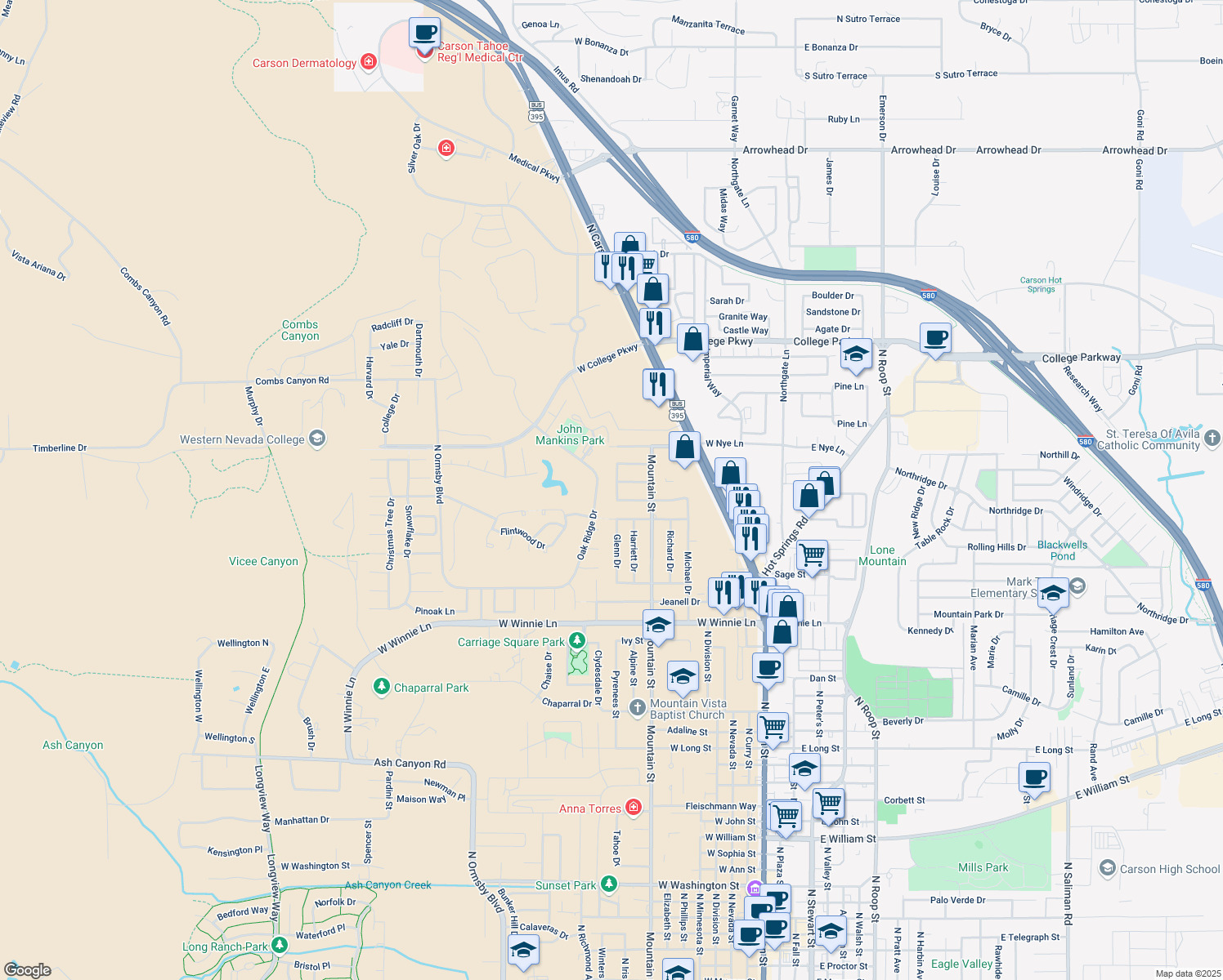 map of restaurants, bars, coffee shops, grocery stores, and more near 2702 Marvin Dr in Carson City