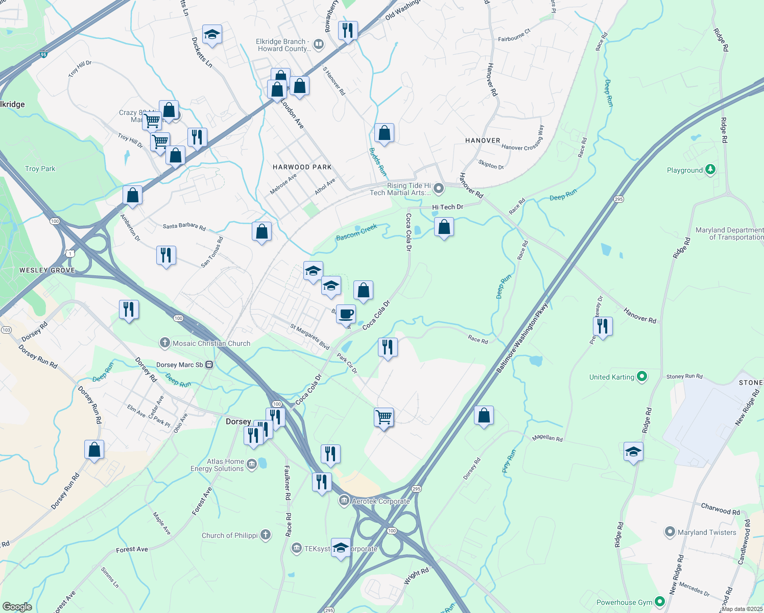 map of restaurants, bars, coffee shops, grocery stores, and more near 7361 Coca Cola Drive in Howard