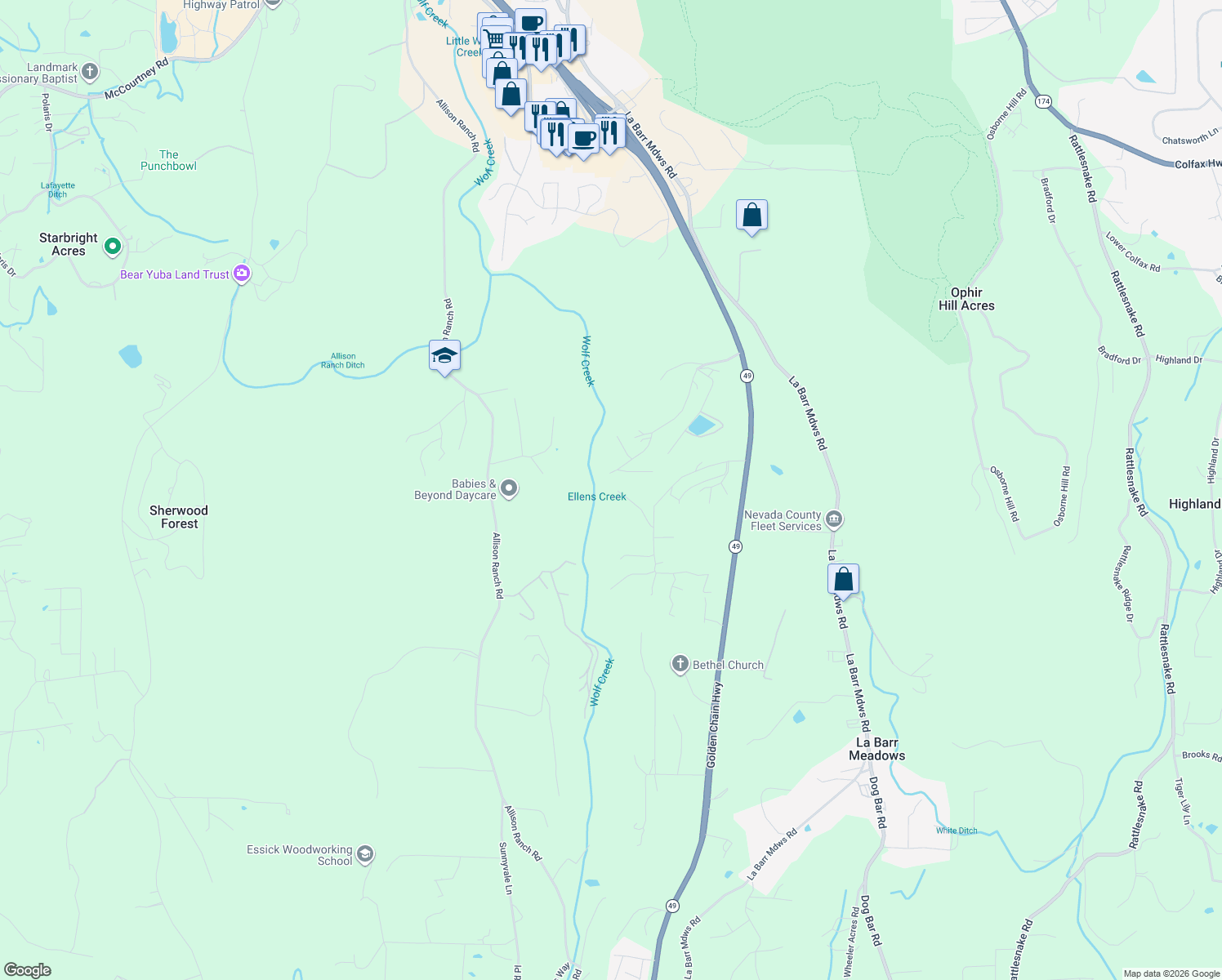 map of restaurants, bars, coffee shops, grocery stores, and more near 10350 Smith Road in Grass Valley