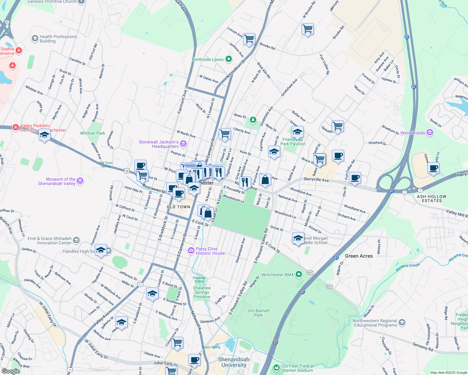 map of restaurants, bars, coffee shops, grocery stores, and more near 326 East Piccadilly Street in Winchester