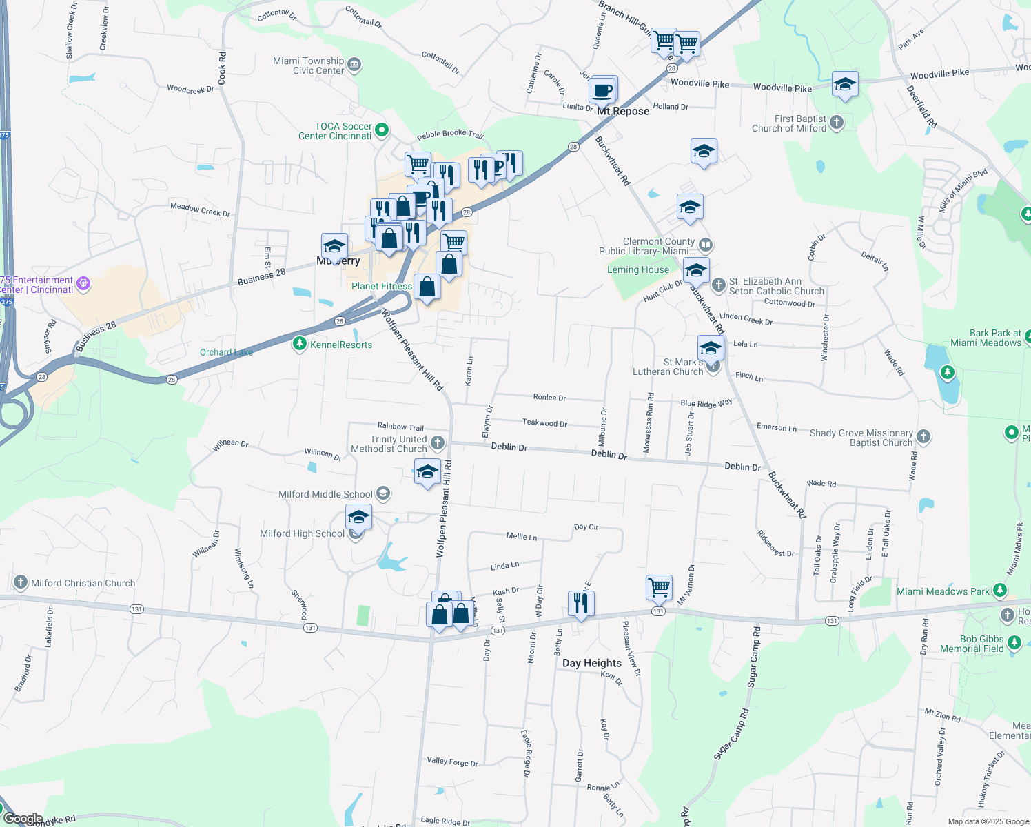 map of restaurants, bars, coffee shops, grocery stores, and more near 1168 Teakwood Dr in Milford