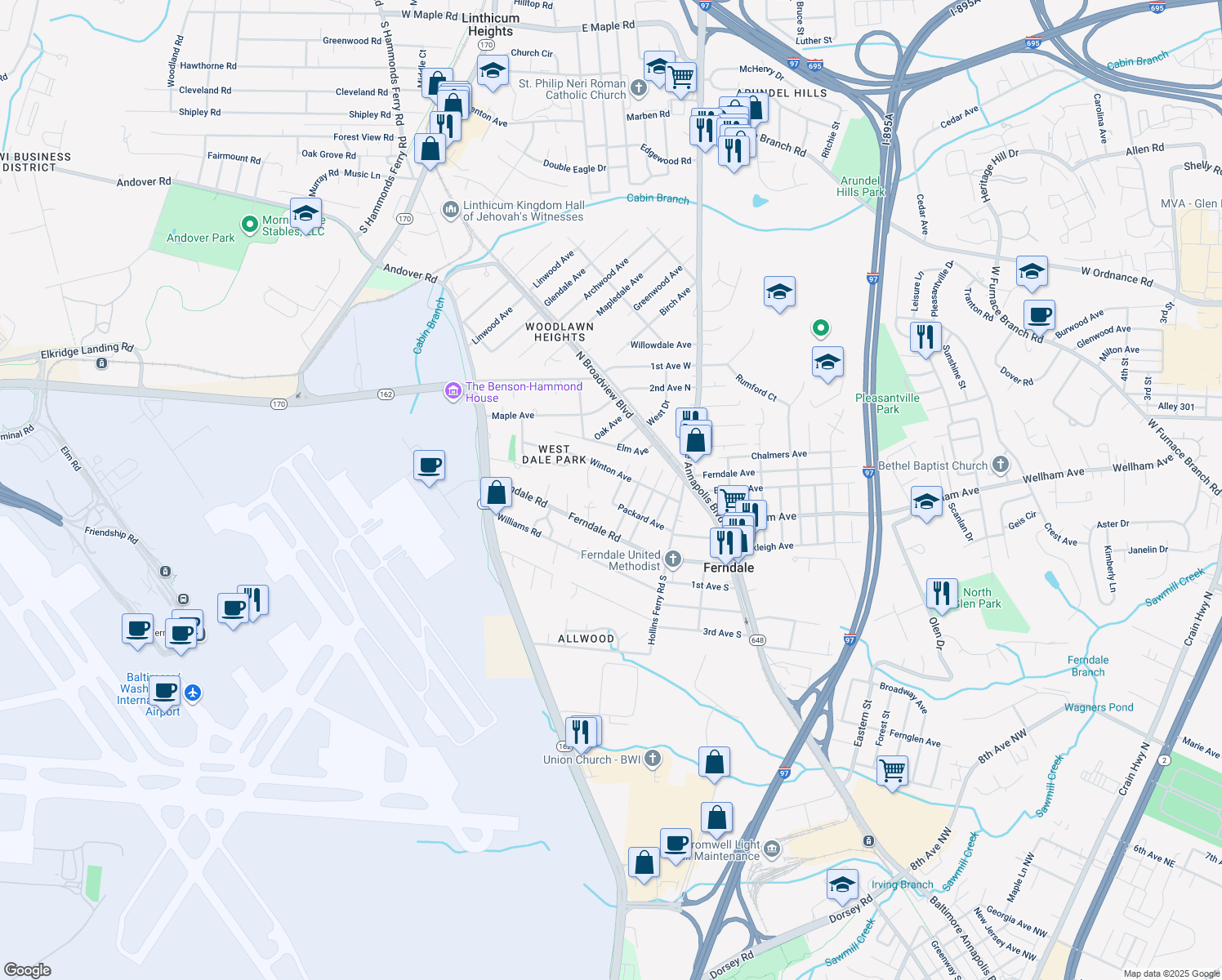 map of restaurants, bars, coffee shops, grocery stores, and more near 102 Caswell Avenue in Glen Burnie