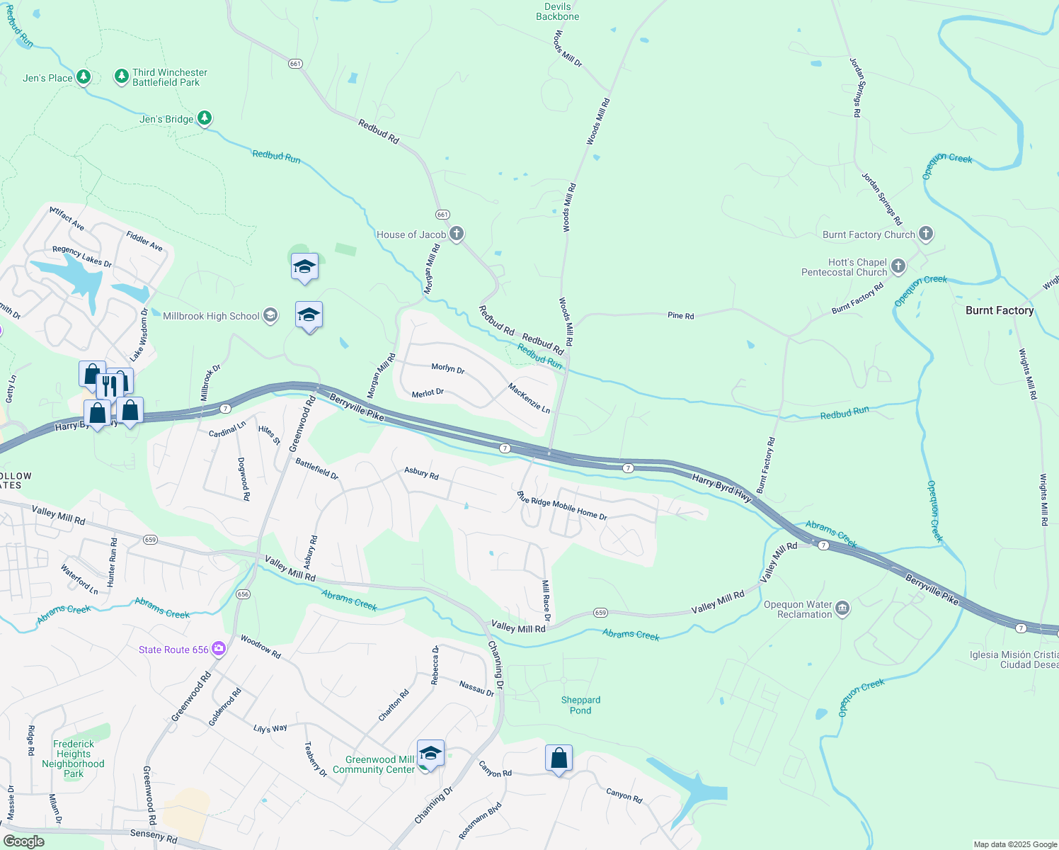 map of restaurants, bars, coffee shops, grocery stores, and more near 319 Morlyn Drive in Stephenson