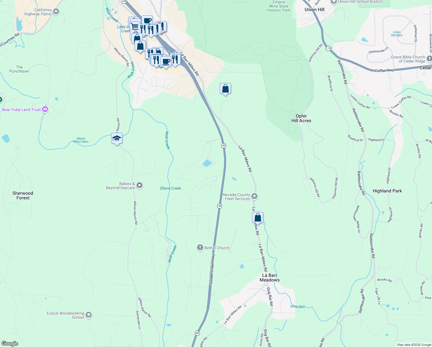map of restaurants, bars, coffee shops, grocery stores, and more near 13946 Rue Bechelle in Grass Valley