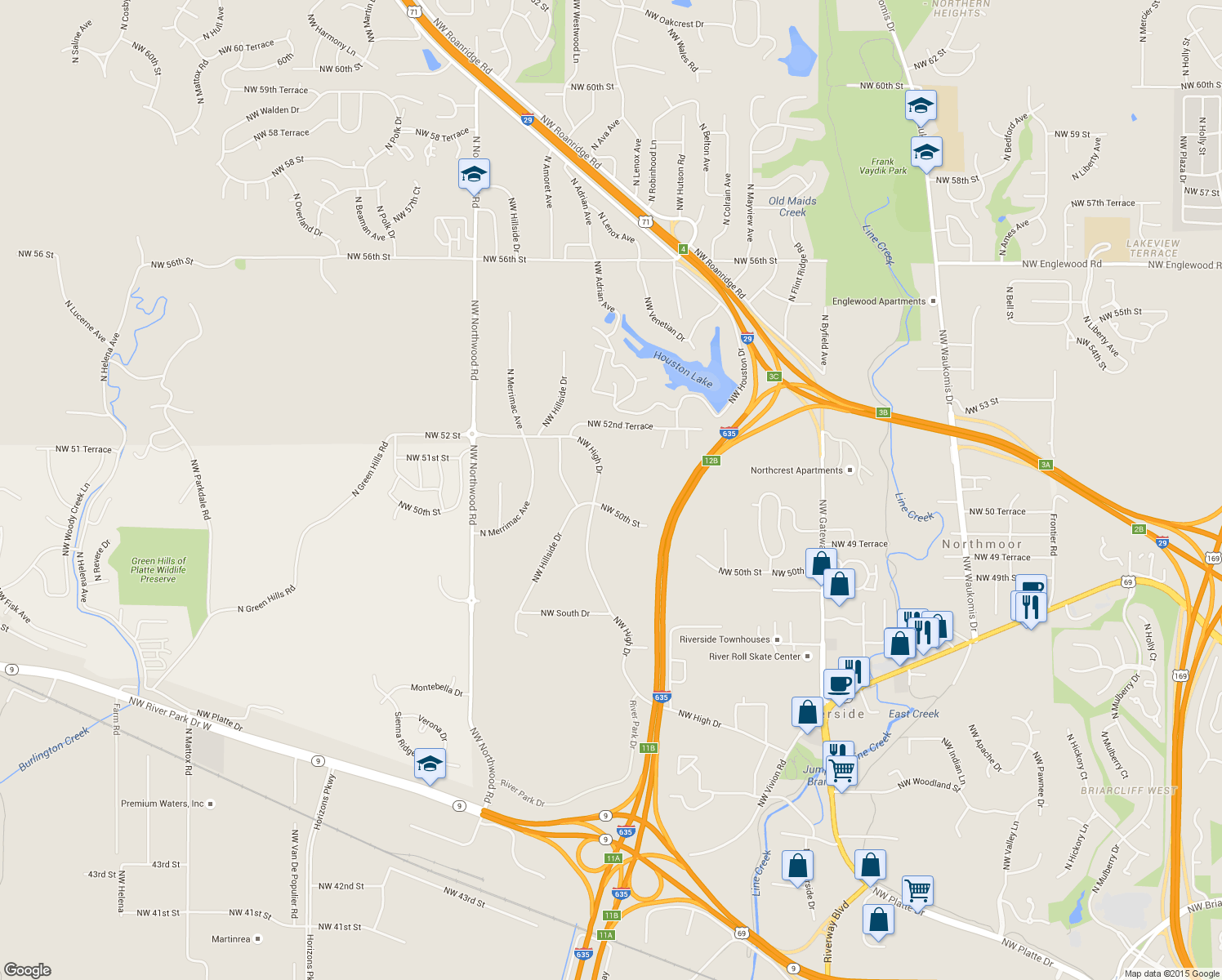 map of restaurants, bars, coffee shops, grocery stores, and more near 3700 NW 50th St in Riverside