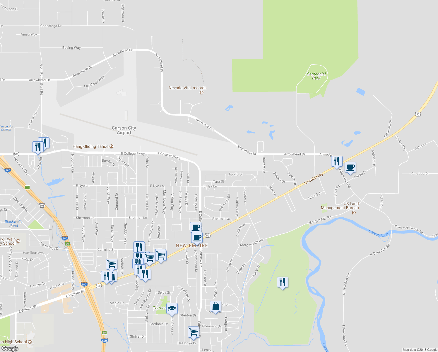 map of restaurants, bars, coffee shops, grocery stores, and more near 4101 Apollo Drive in Carson City
