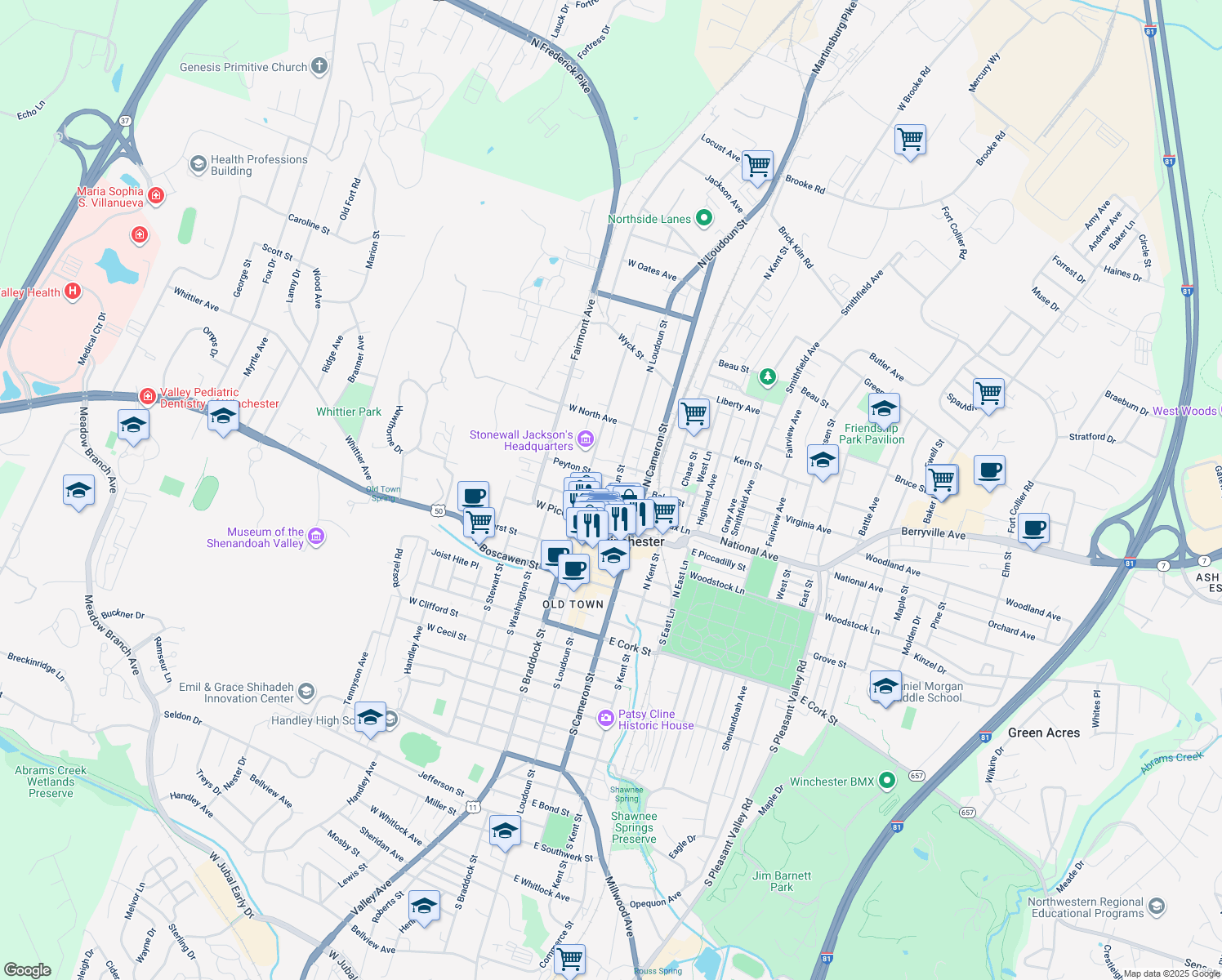 map of restaurants, bars, coffee shops, grocery stores, and more near 327 North Loudoun Street in Winchester