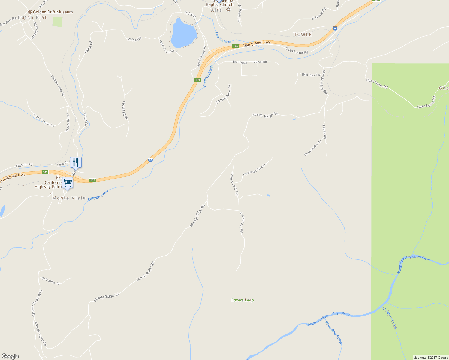 map of restaurants, bars, coffee shops, grocery stores, and more near 700 Lovers Leap Road in Gold Run