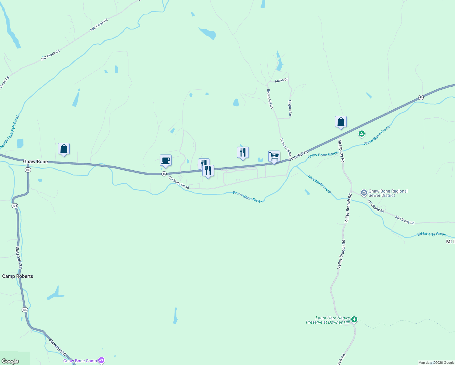 map of restaurants, bars, coffee shops, grocery stores, and more near 4520 Old State Road 46 in Nashville