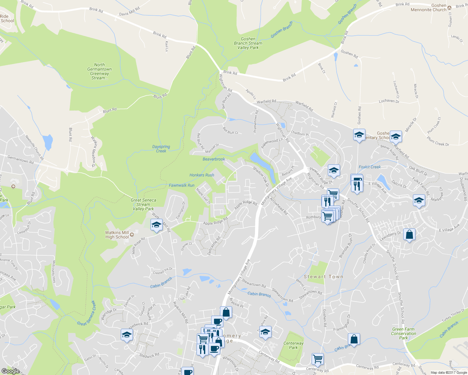 map of restaurants, bars, coffee shops, grocery stores, and more near 9920 Brookridge Court in Gaithersburg