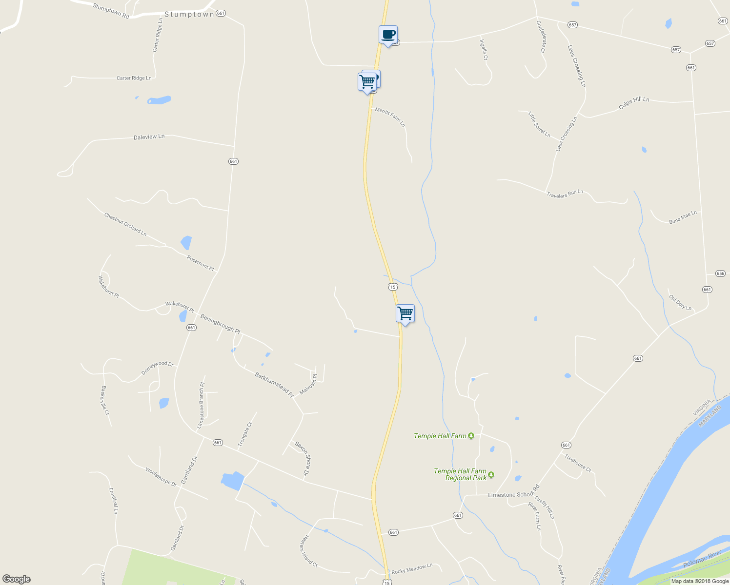 map of restaurants, bars, coffee shops, grocery stores, and more near 15423 James Monroe Highway in Leesburg