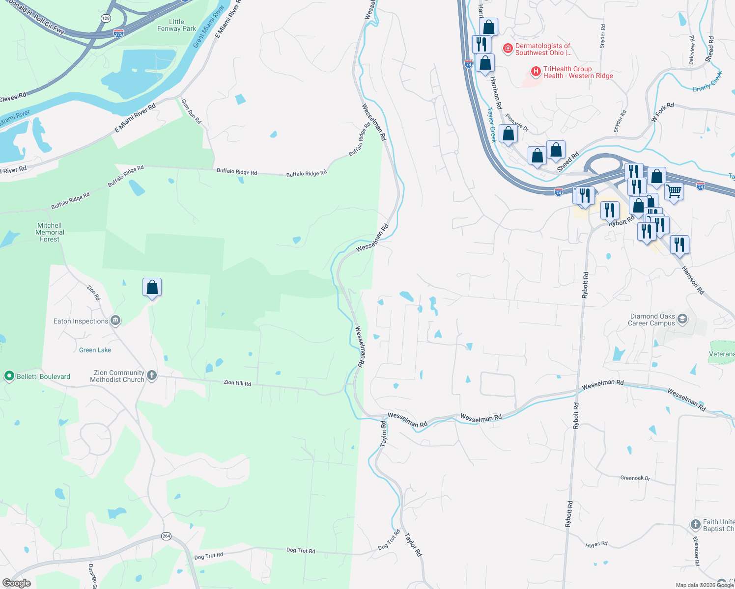 map of restaurants, bars, coffee shops, grocery stores, and more near 7210 Wesselman Road in Cleves