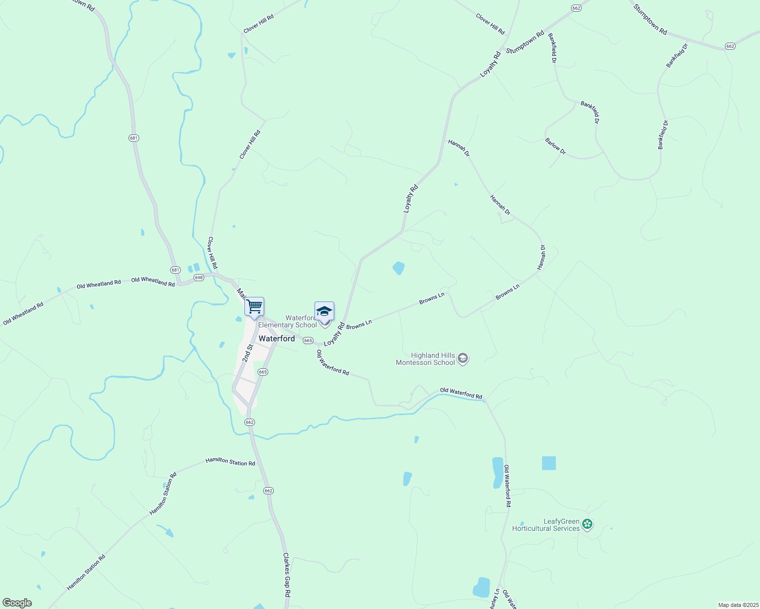 map of restaurants, bars, coffee shops, grocery stores, and more near 40498 Browns Ln in Waterford