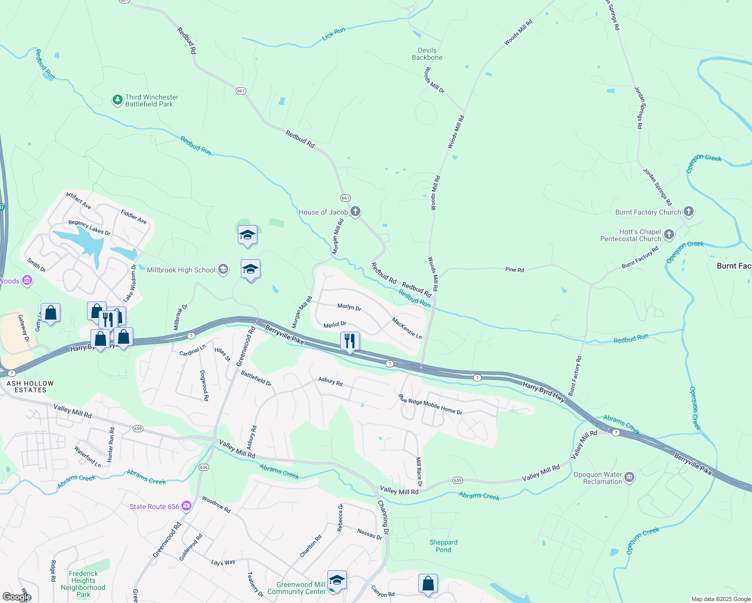 map of restaurants, bars, coffee shops, grocery stores, and more near 212 MacKenzie Ln in Stephenson