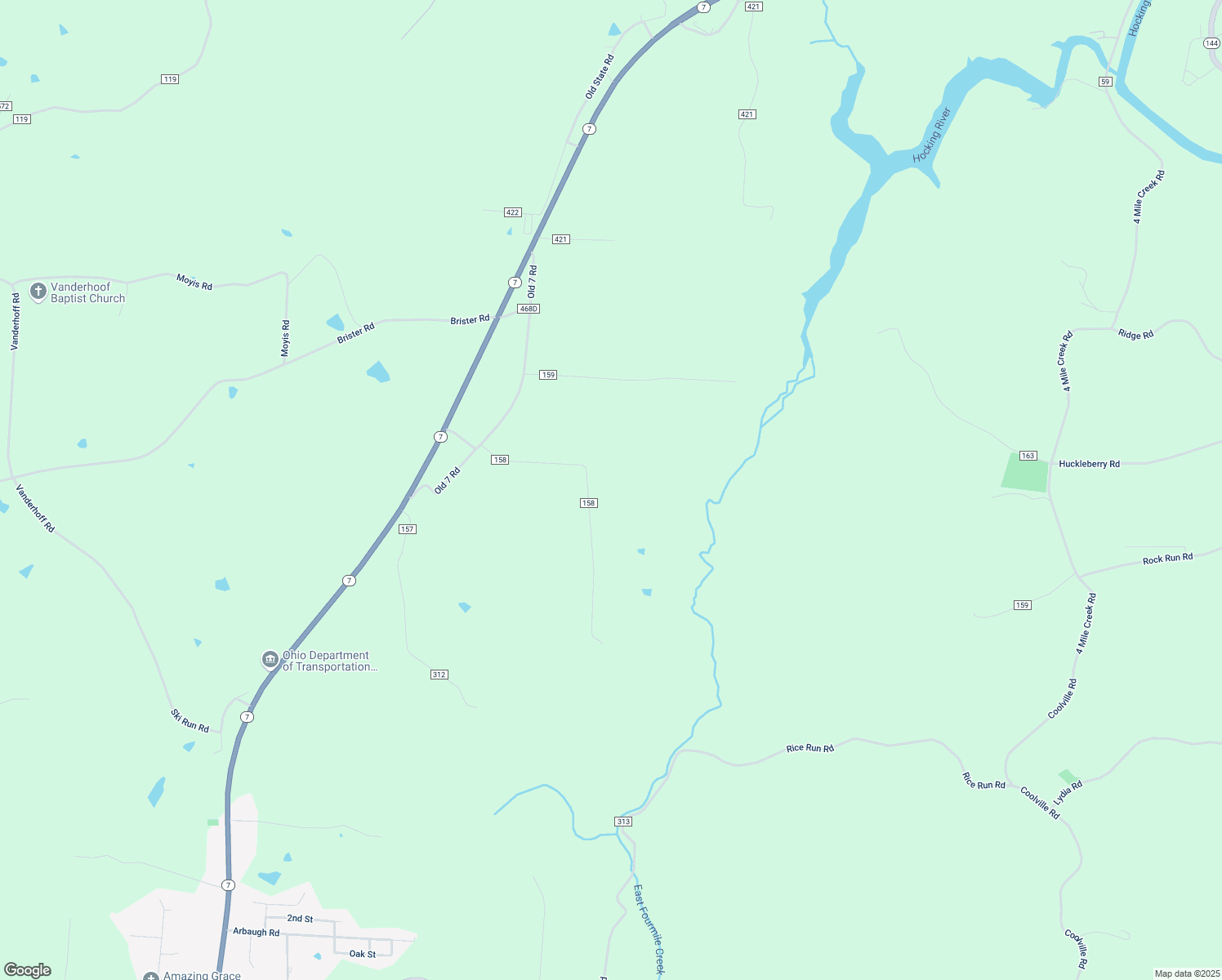 map of restaurants, bars, coffee shops, grocery stores, and more near 24730 Rowley Lane in Coolville