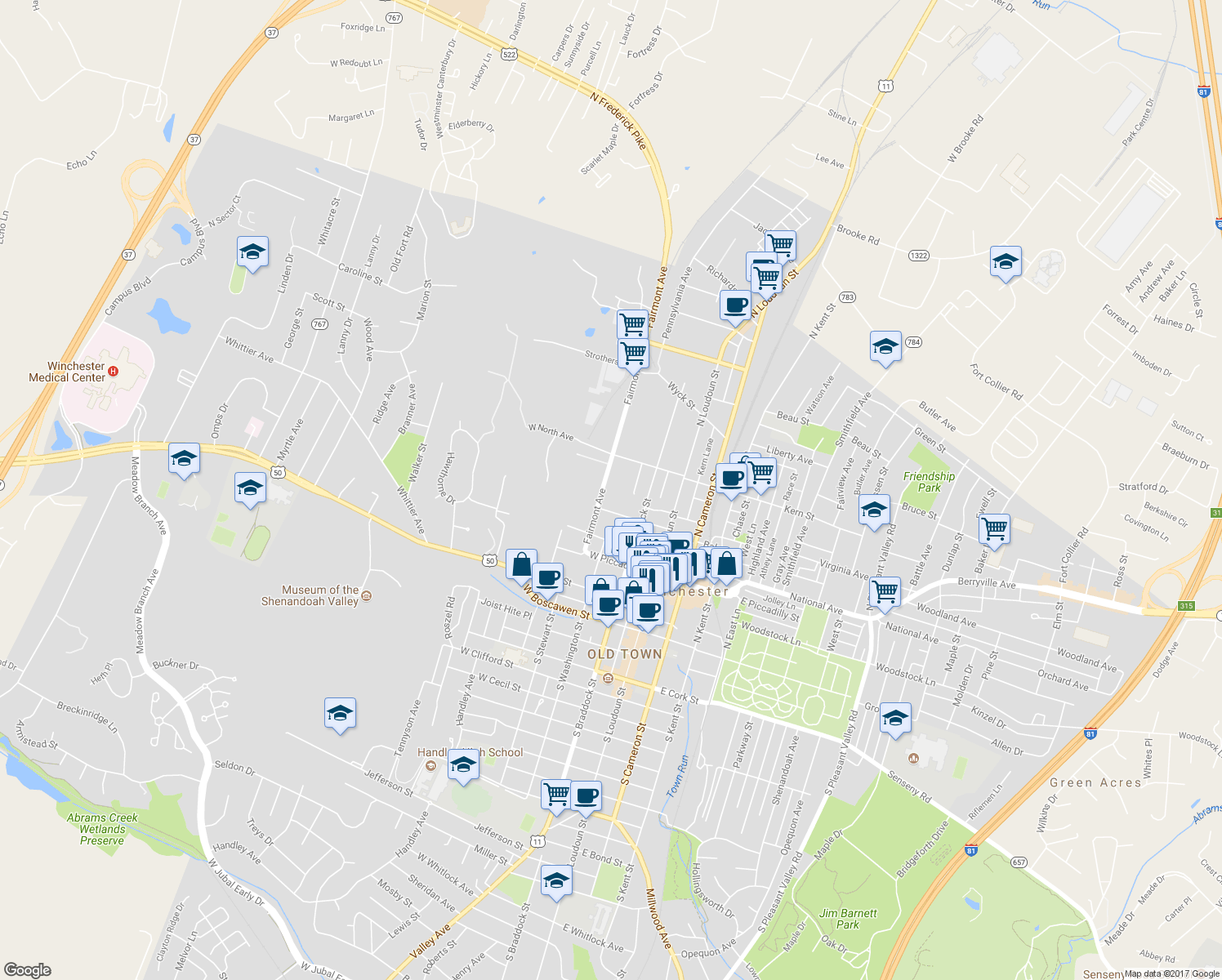 map of restaurants, bars, coffee shops, grocery stores, and more near 418 Fairmont Avenue in Winchester