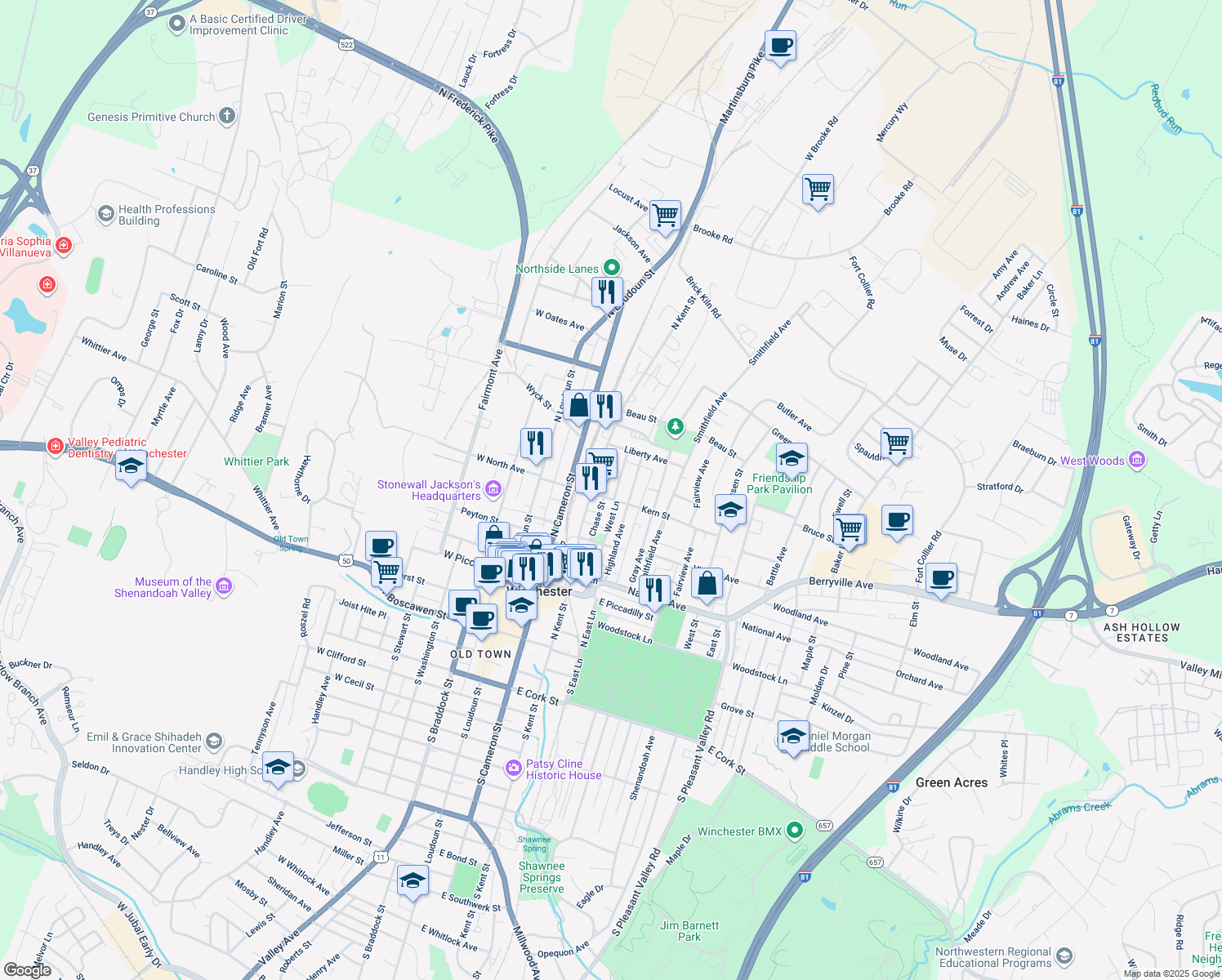 map of restaurants, bars, coffee shops, grocery stores, and more near 513 Fremont Street in Winchester
