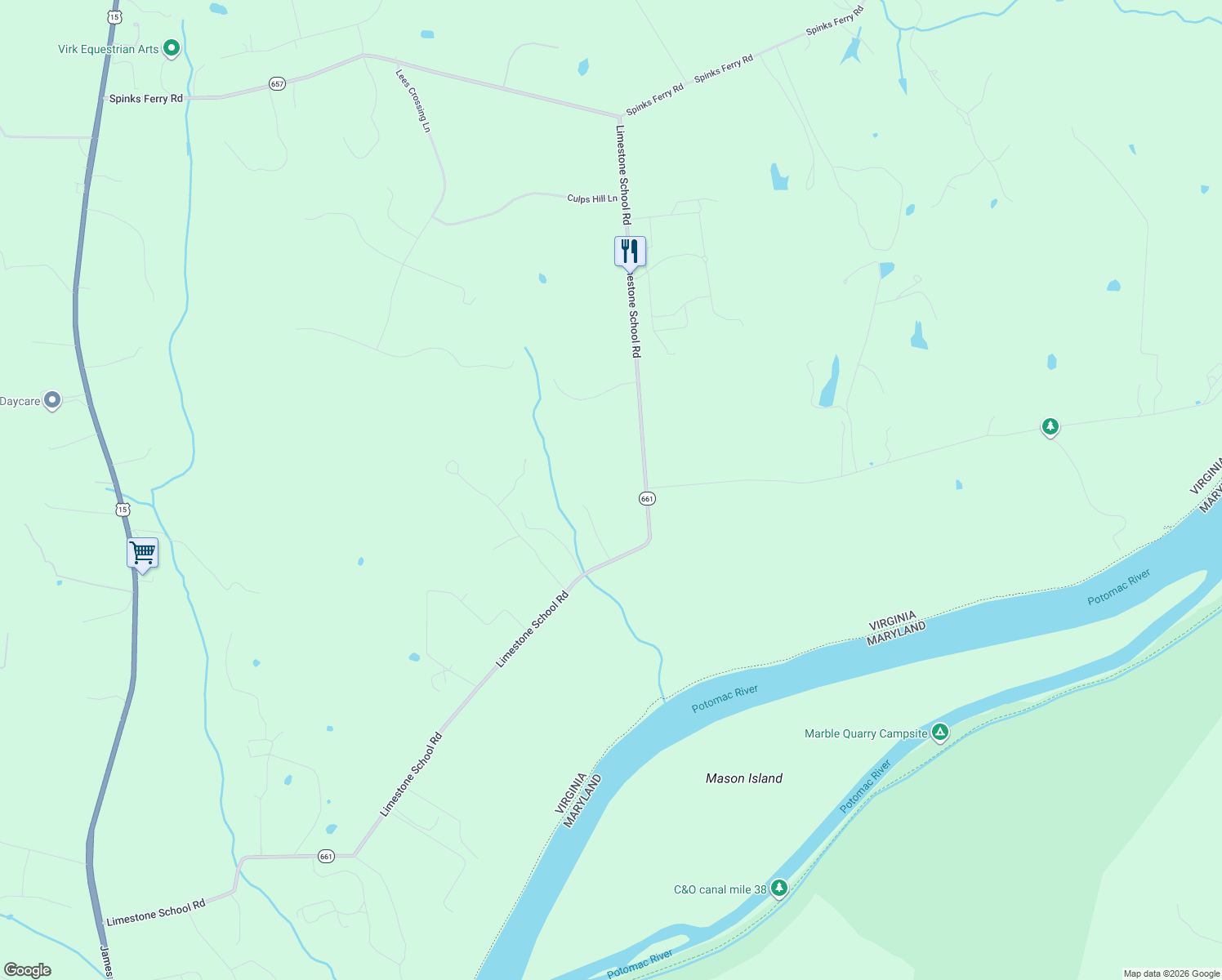map of restaurants, bars, coffee shops, grocery stores, and more near 15377 Limestone School Road in Leesburg