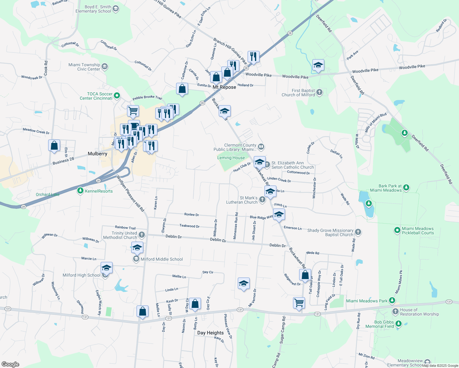 map of restaurants, bars, coffee shops, grocery stores, and more near Hunt Club Drive in Milford