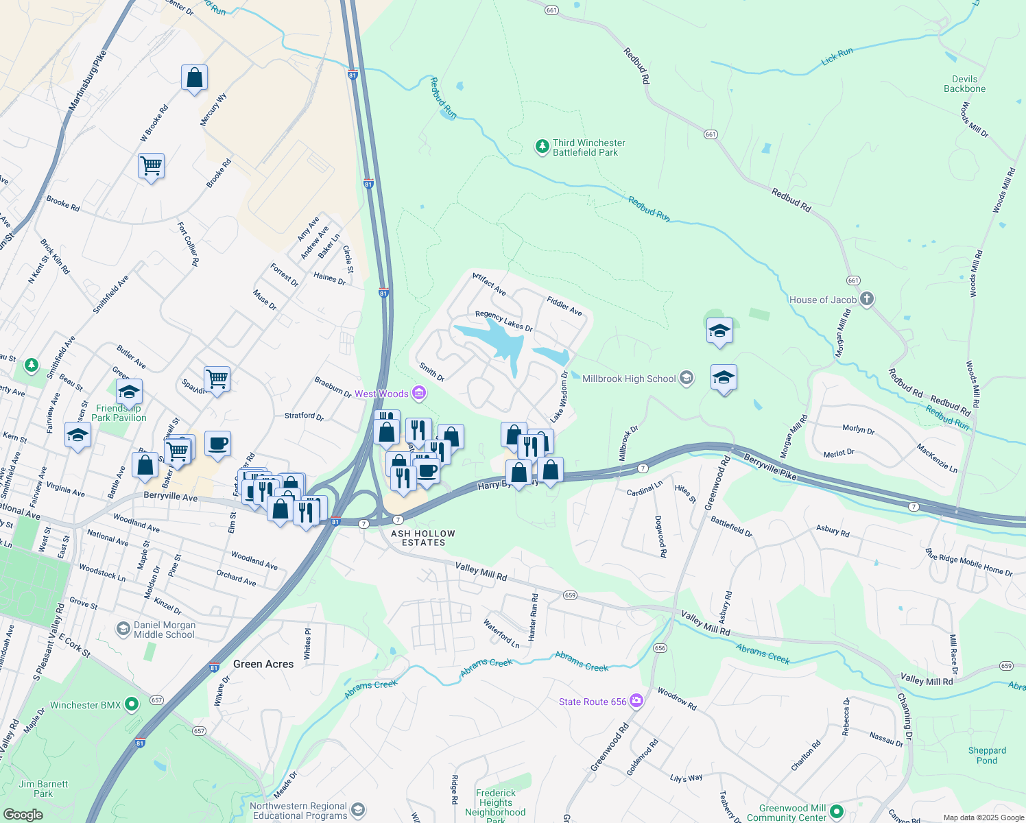 map of restaurants, bars, coffee shops, grocery stores, and more near 113 Pyramid Drive in Winchester