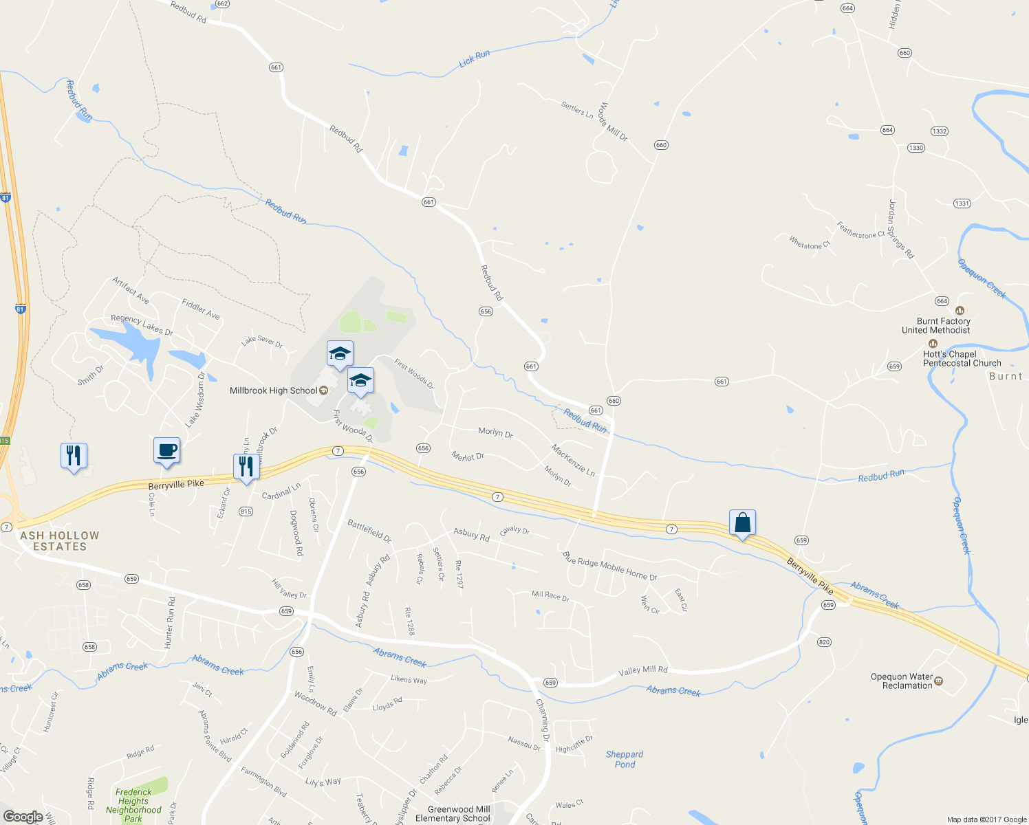 map of restaurants, bars, coffee shops, grocery stores, and more near 224 MacKenzie Lane in Stephenson