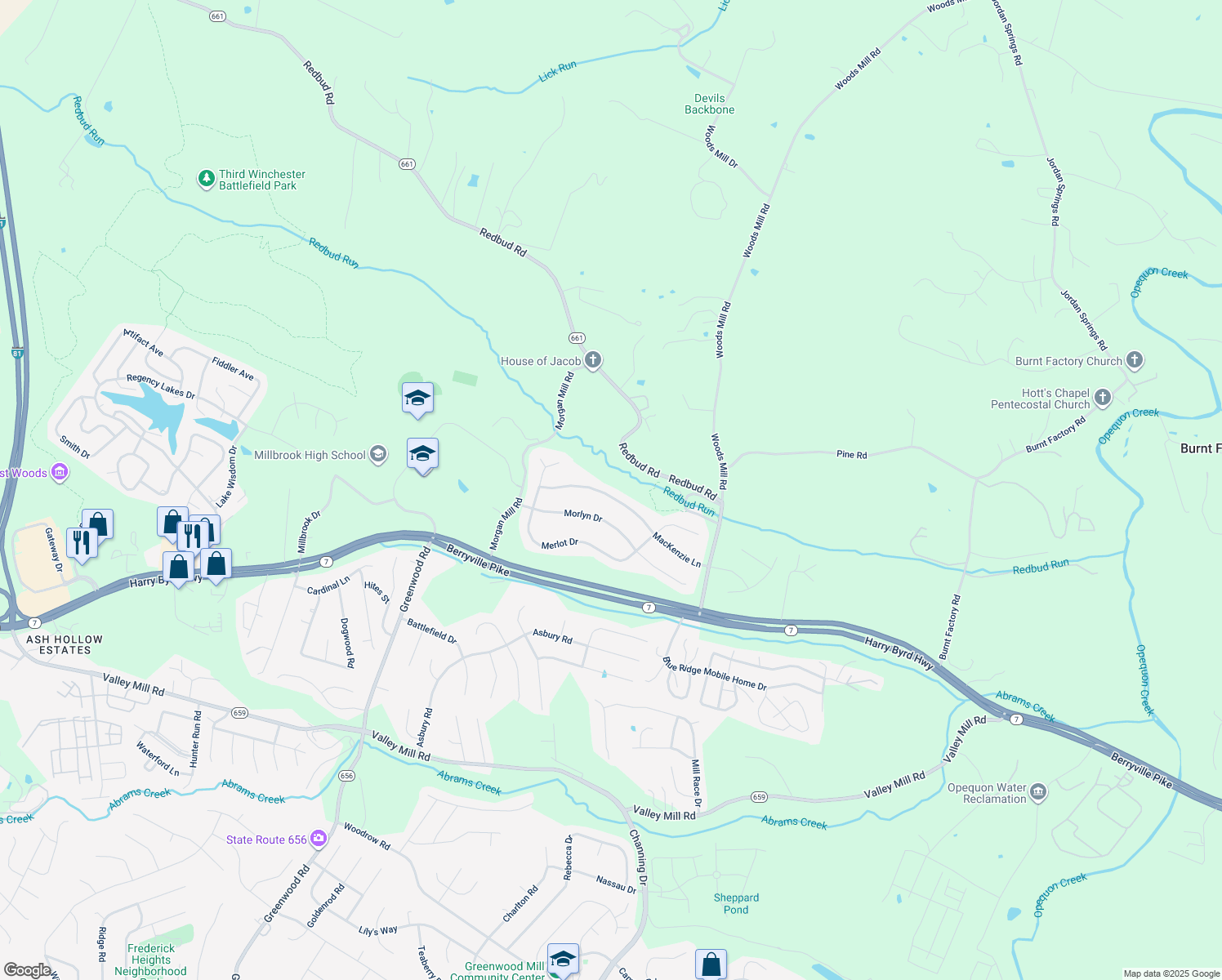 map of restaurants, bars, coffee shops, grocery stores, and more near 222 MacKenzie Lane in Stephenson