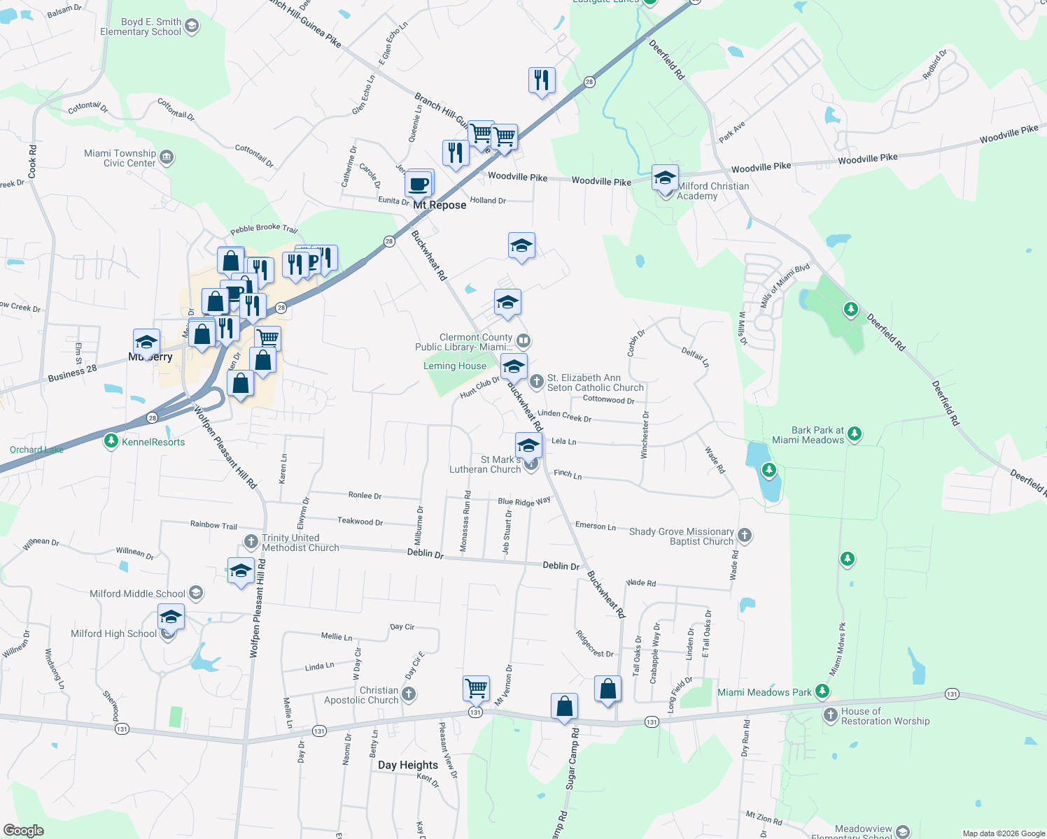 map of restaurants, bars, coffee shops, grocery stores, and more near 5862 Whitegate Court in Milford