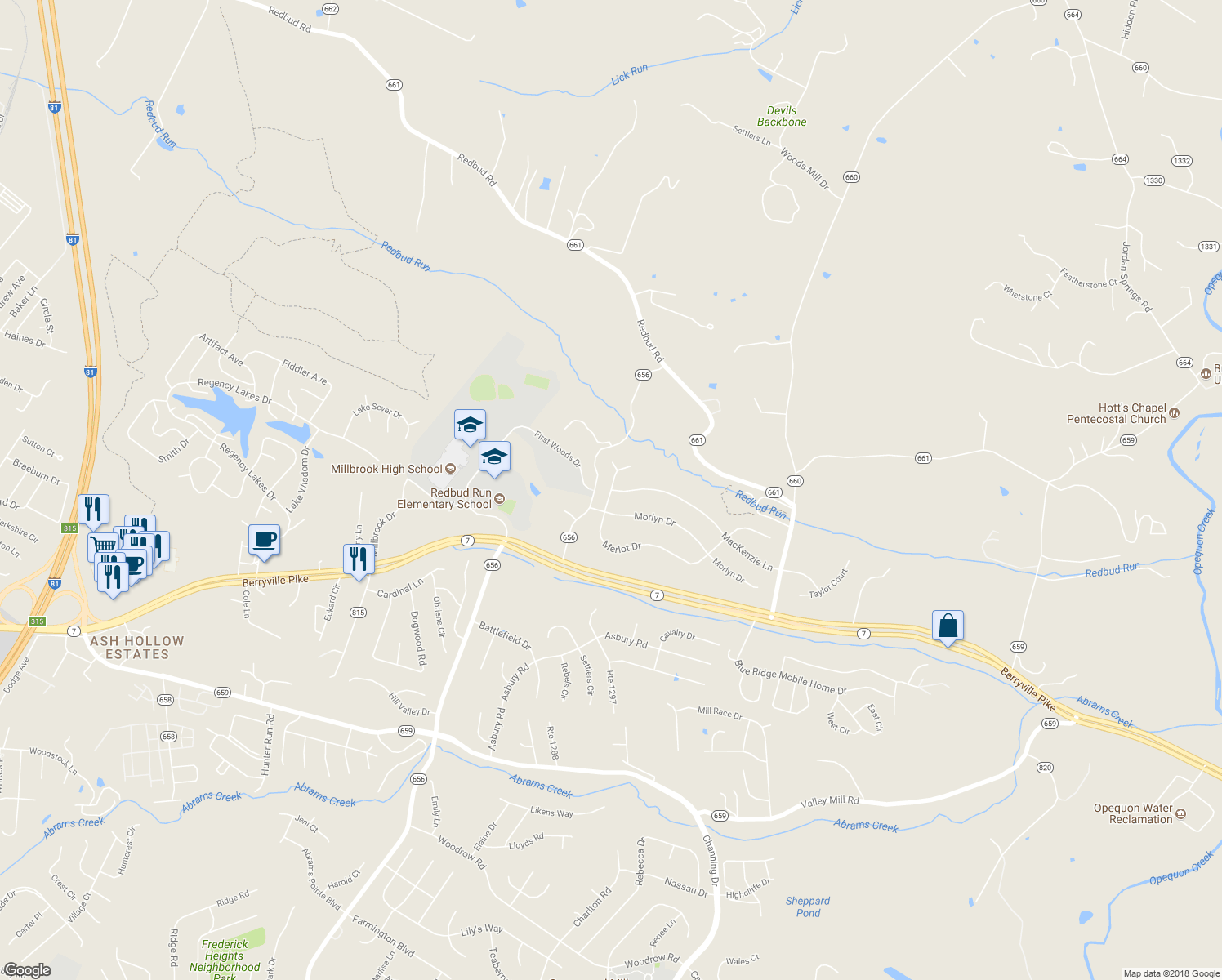 map of restaurants, bars, coffee shops, grocery stores, and more near 237 MacKenzie Lane in Stephenson